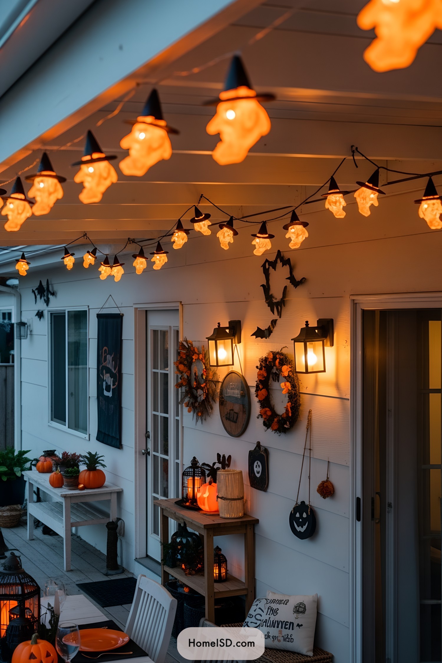 Porch decked out with Halloween lights and pumpkins