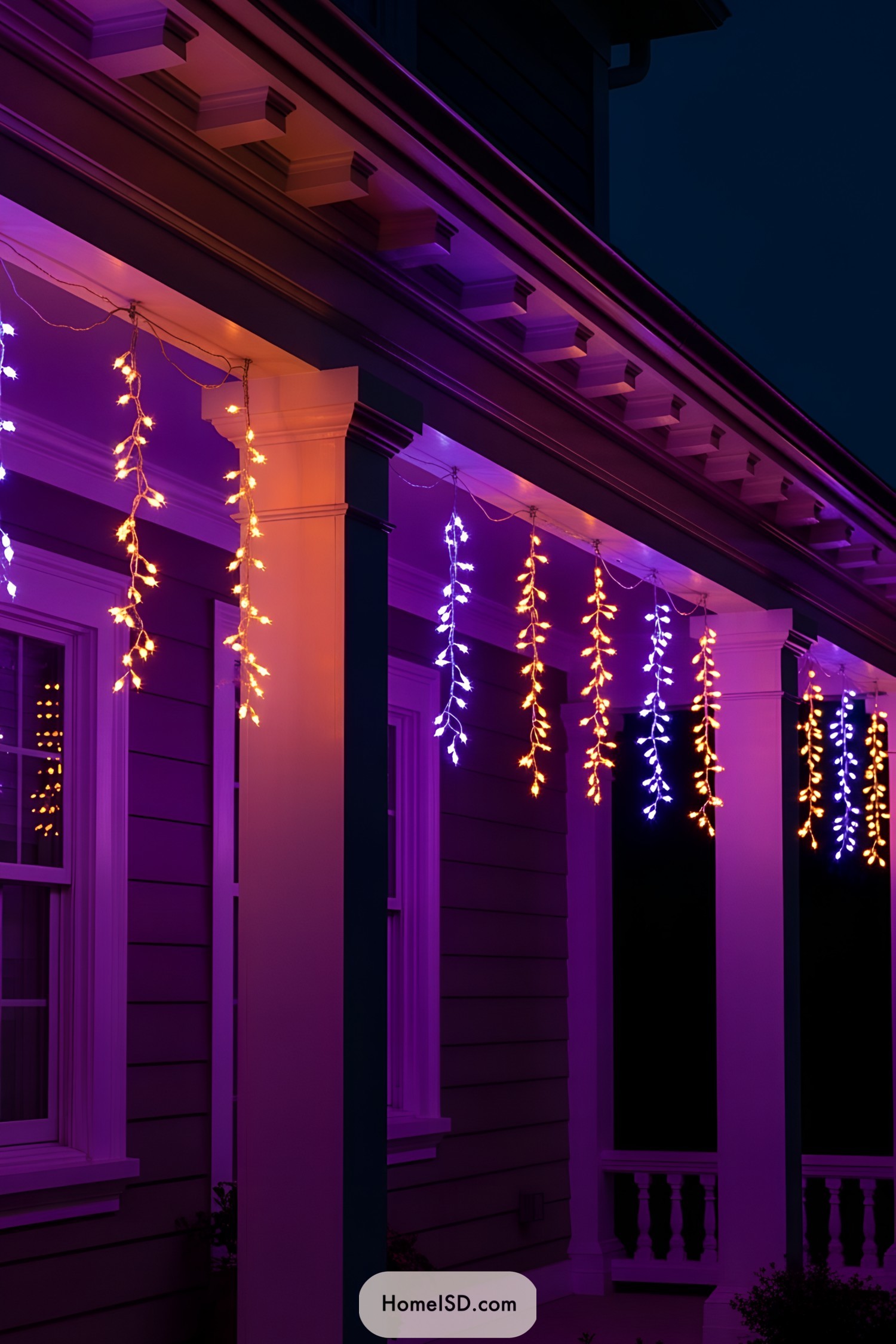 Strings of purple and orange lights hang from a porch