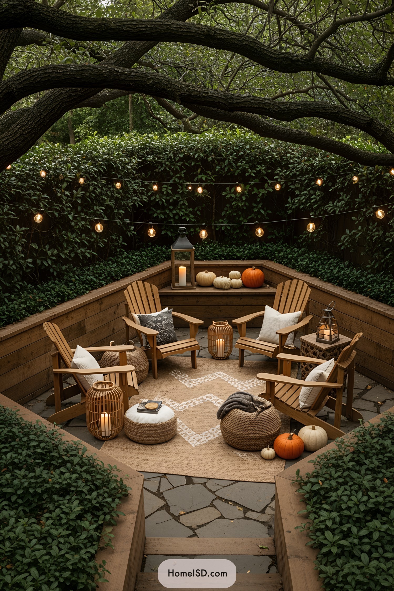Outdoor seating with string lights and pumpkins