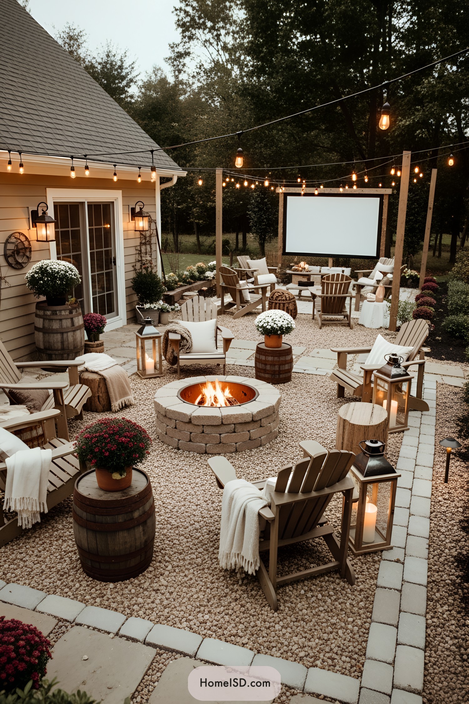 Patio with fire pit and string lights