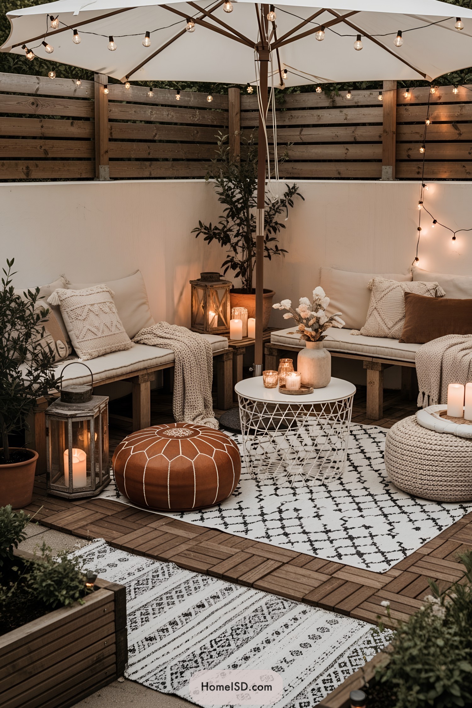 Stylish patio with bohemian decor and cozy seating