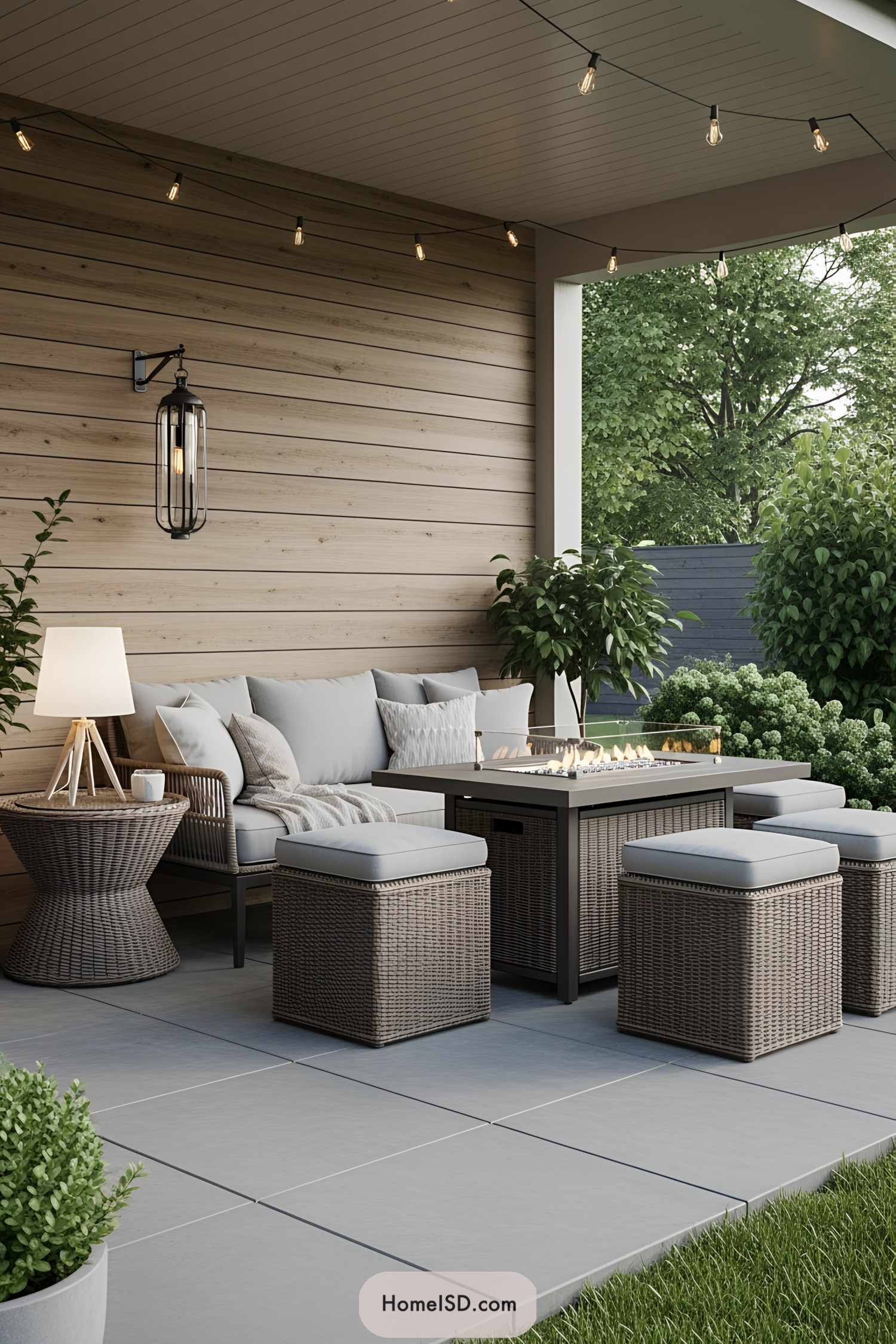 Charming patio with wicker furniture and fire table