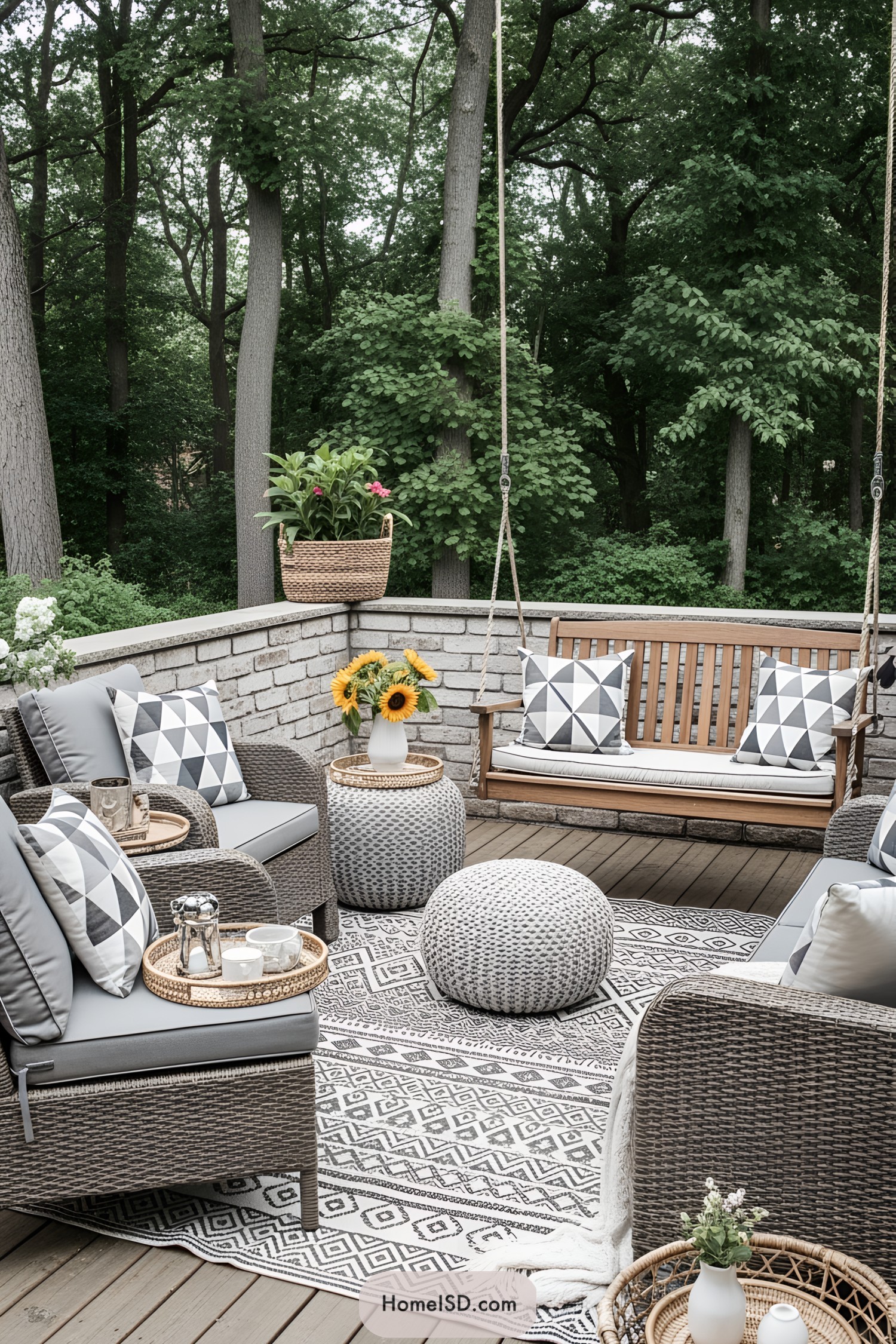 Cozy patio with wicker chairs and a swing amidst lush greenery