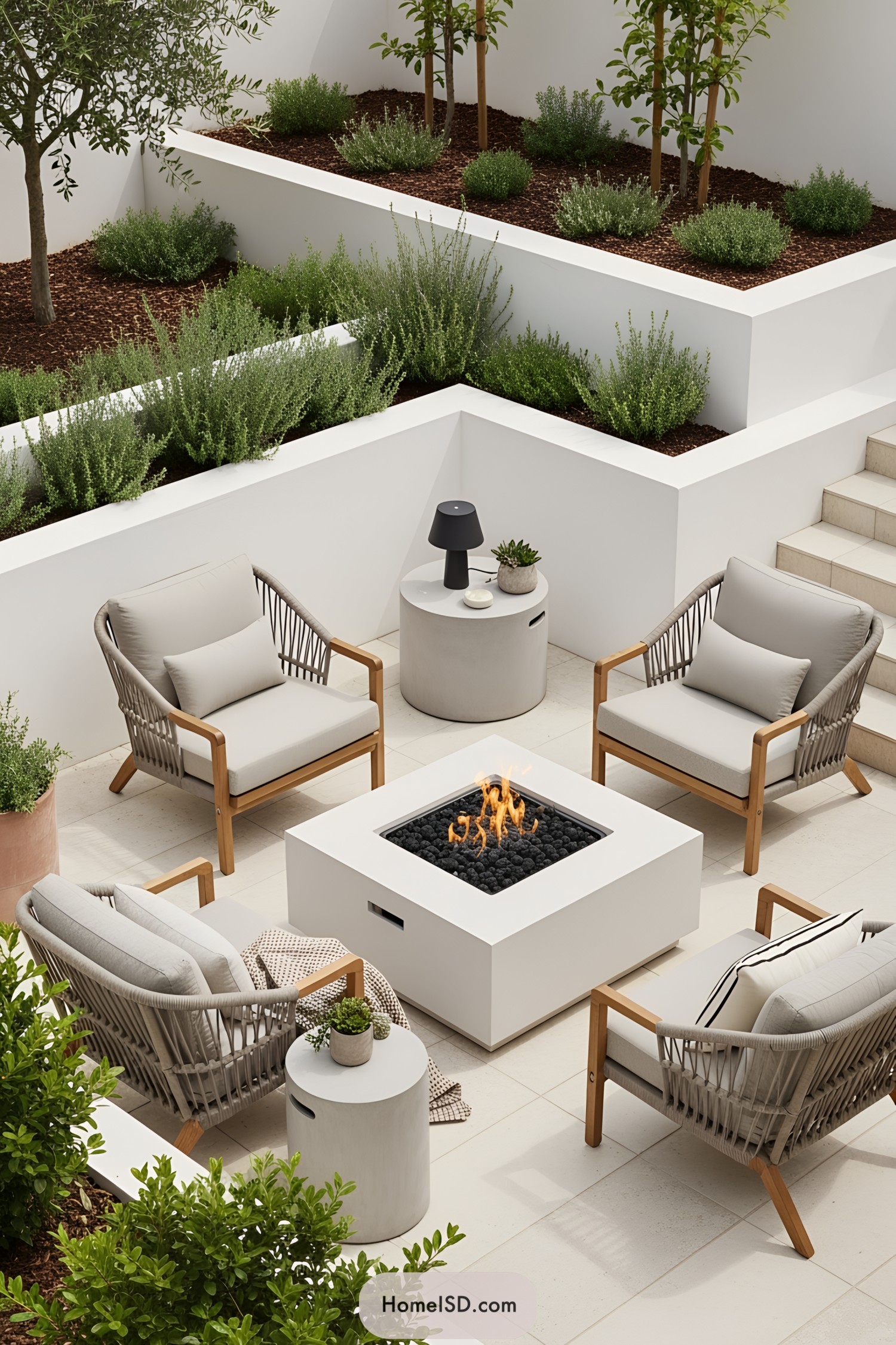 Patio with fire pit and comfortable seating