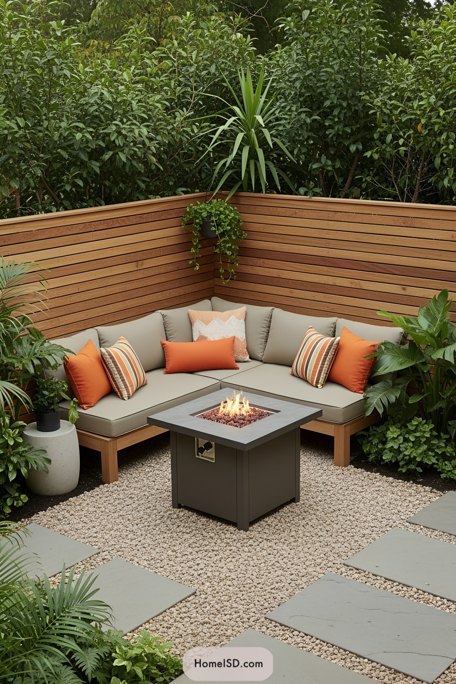 Outdoor patio with a fire pit and cushioned seating