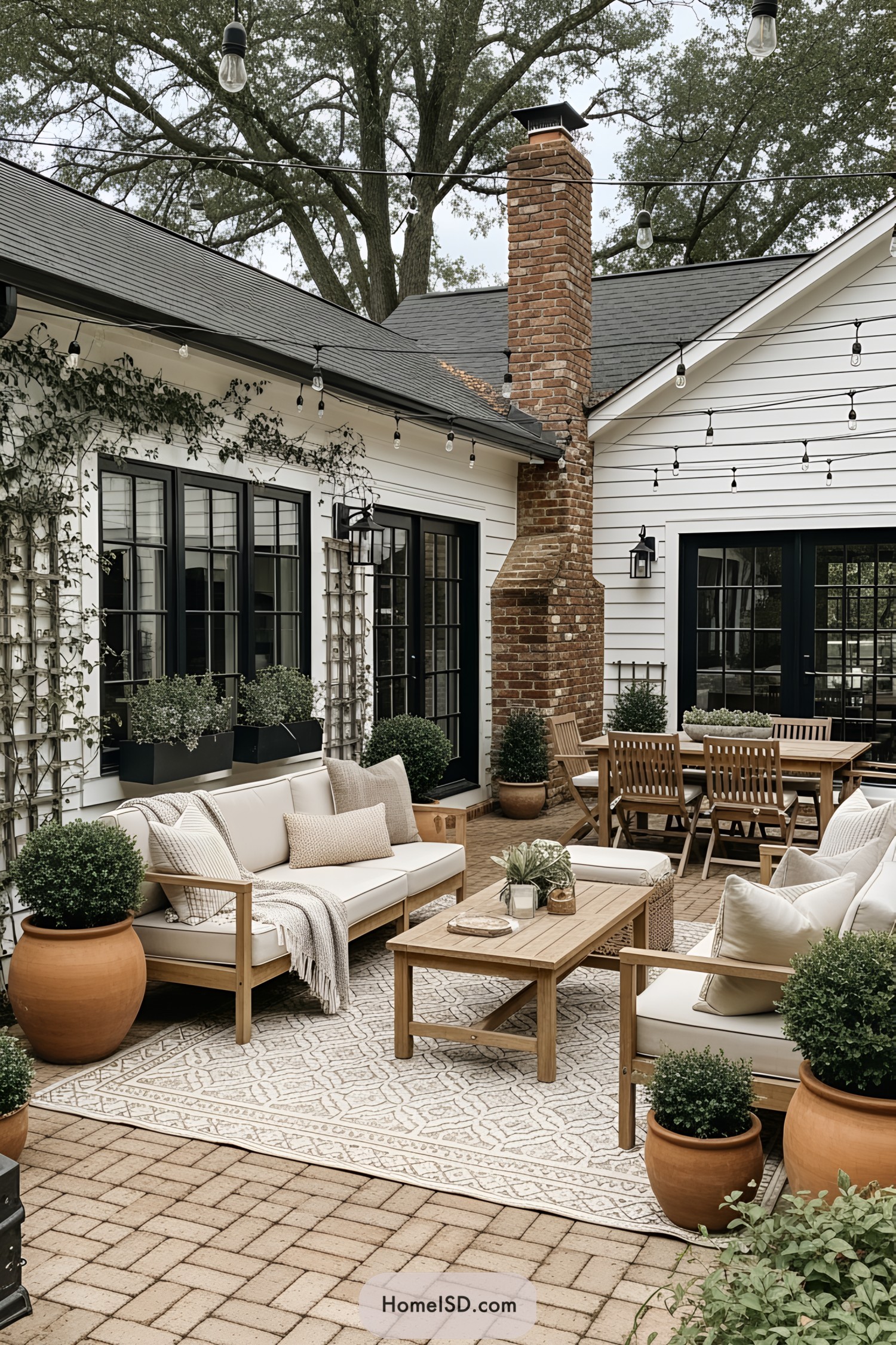 Charming outdoor seating area with string lights
