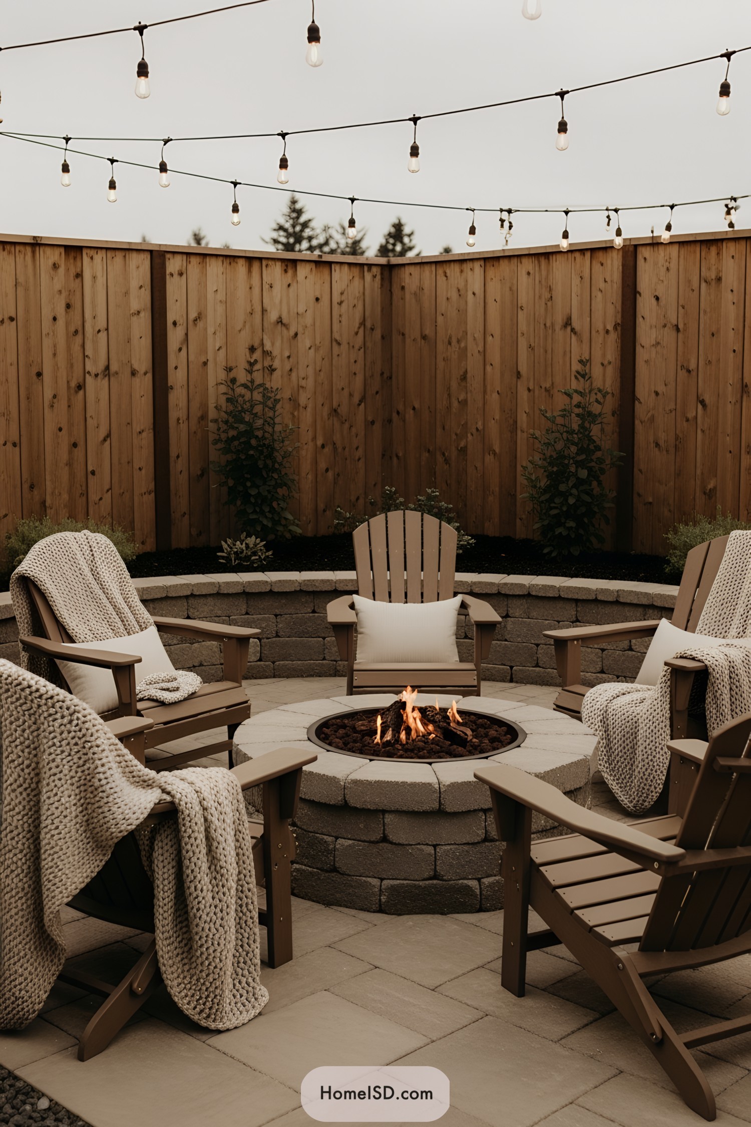 Chairs around a fire pit with string lights overhead
