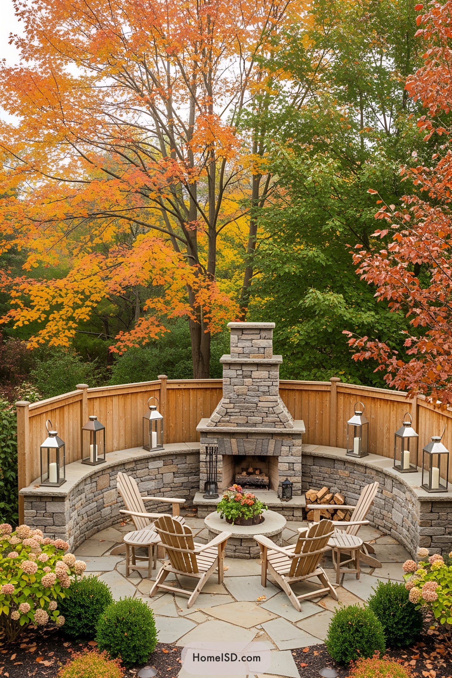Circular stone patio with chairs and a central fireplace