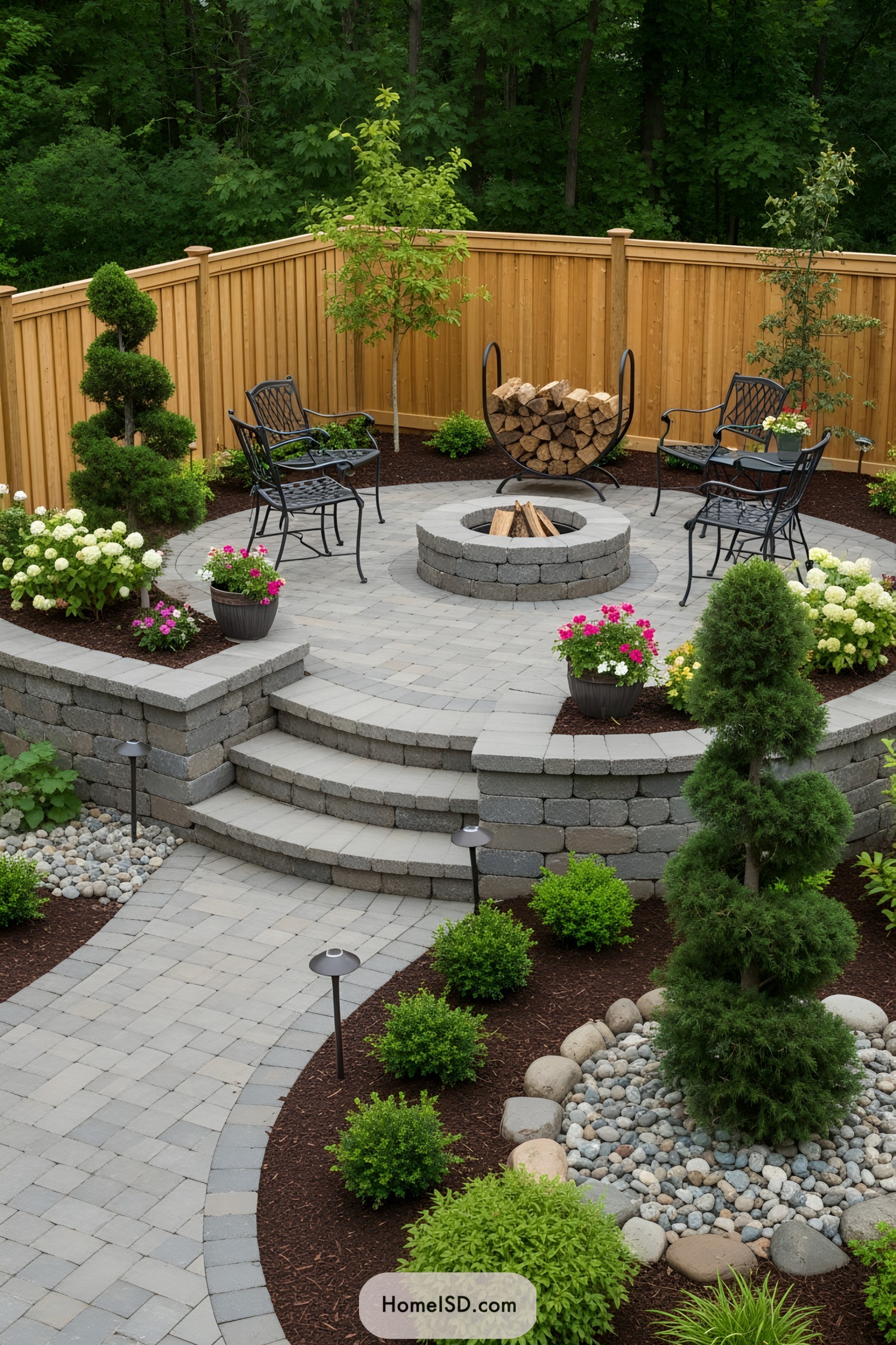 Breezy patio with stone fire pit and lush greenery