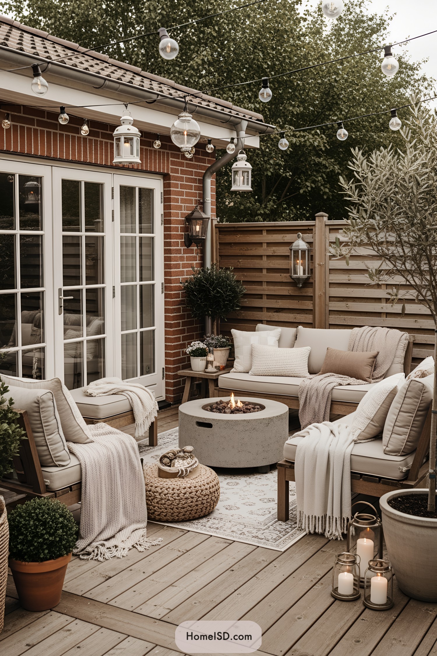 Cozy outdoor seating area with fire pit and string lights