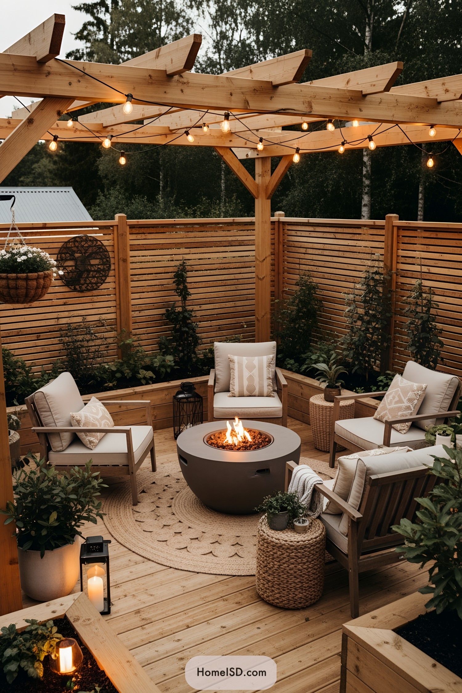 Serene patio with cozy seating and glowing lights