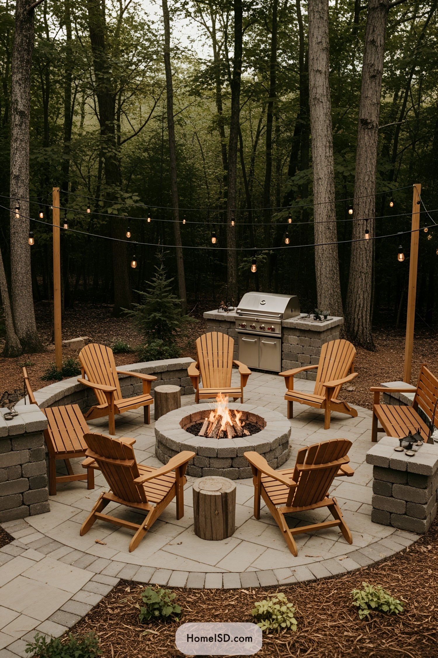 Outdoor patio with chairs around a fire pit