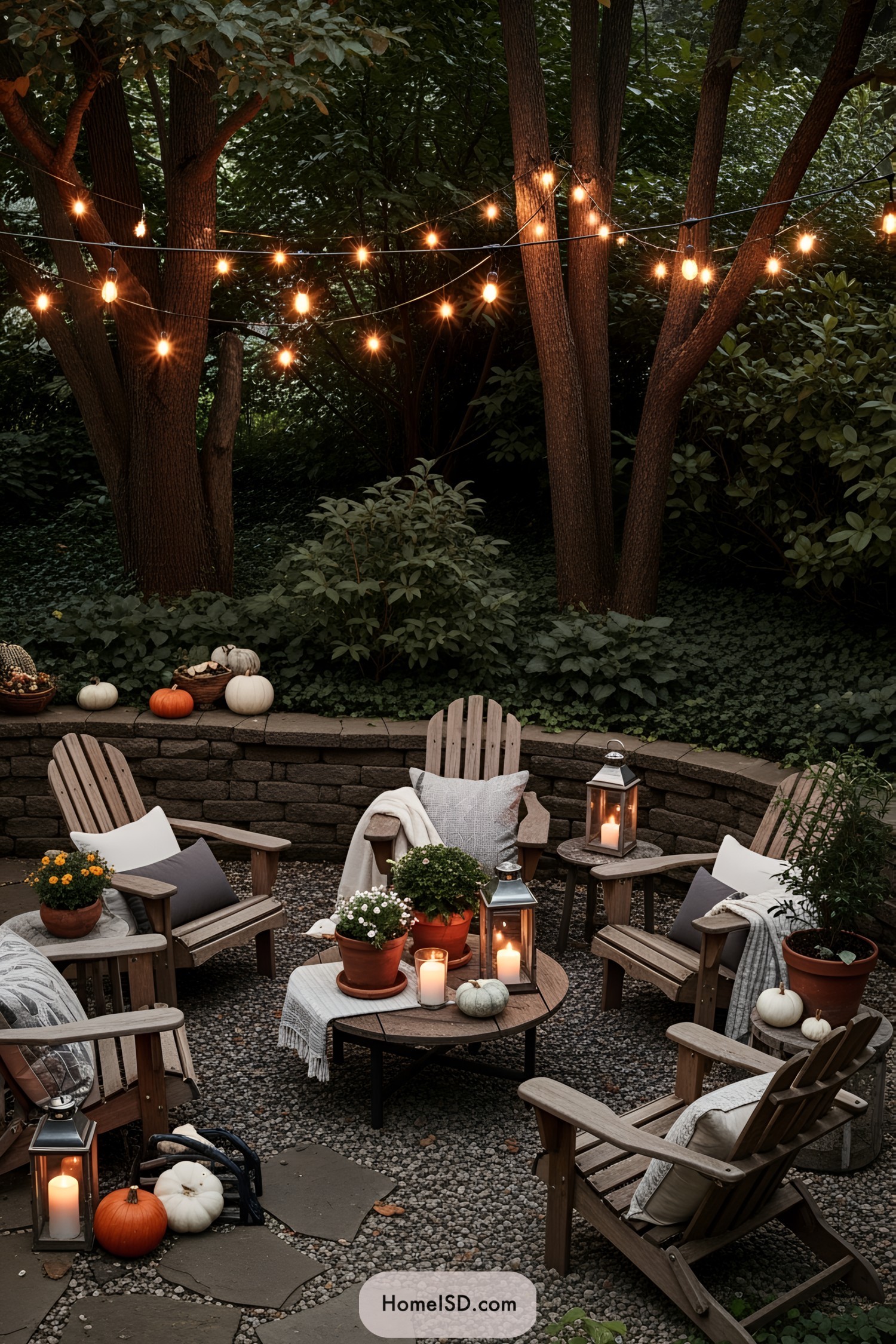 Patio with string lights and pumpkins