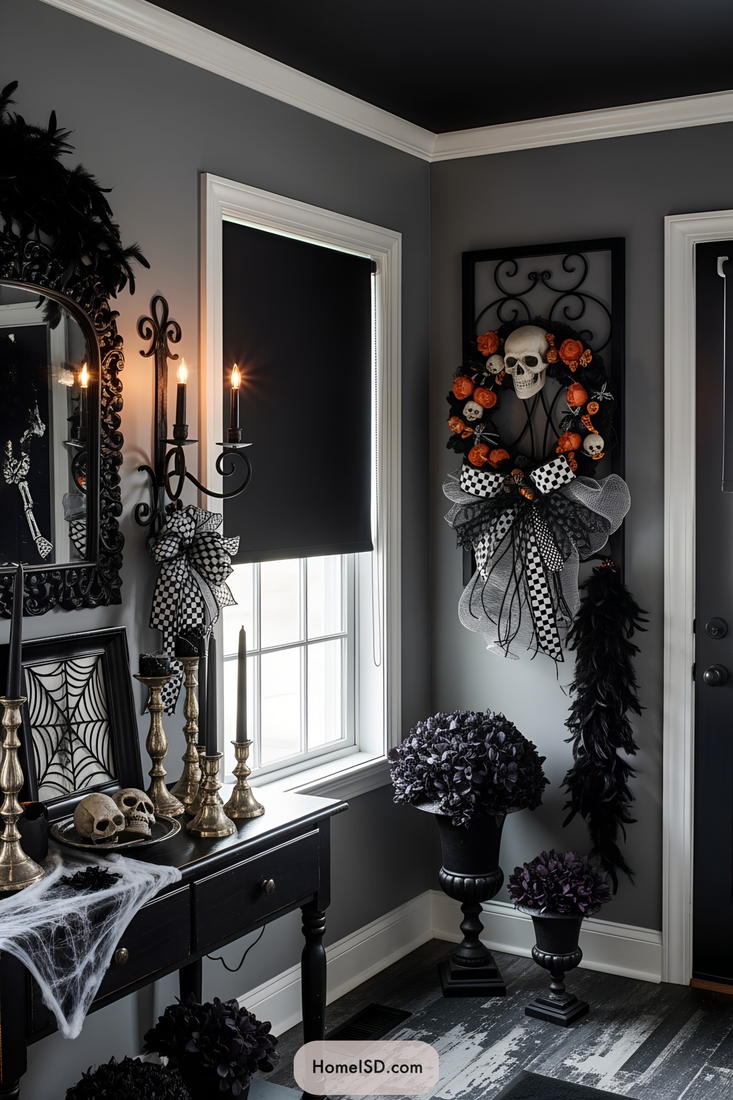 Halloween wreath with skull and orange roses