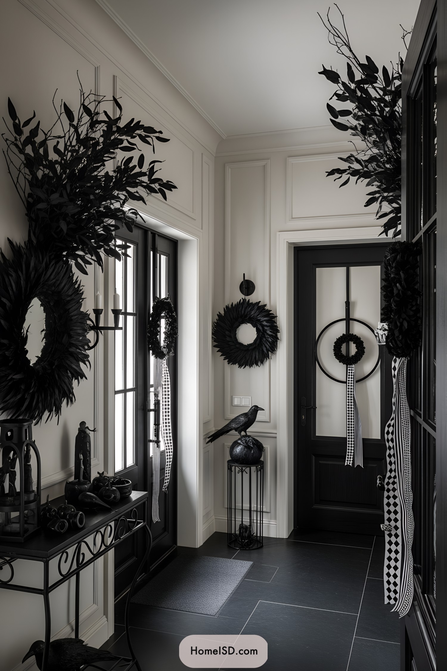 Black wreaths and ravens adorn an entrance for Halloween
