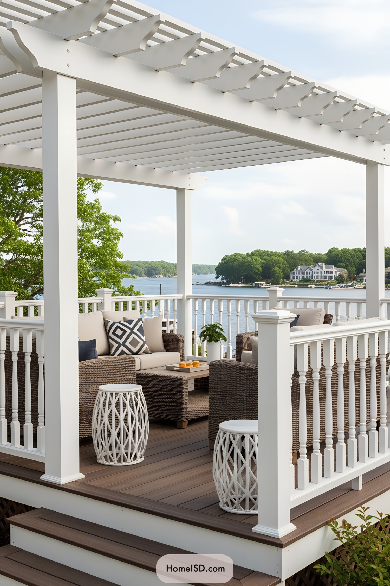 Stylish outdoor seating area with lake view
