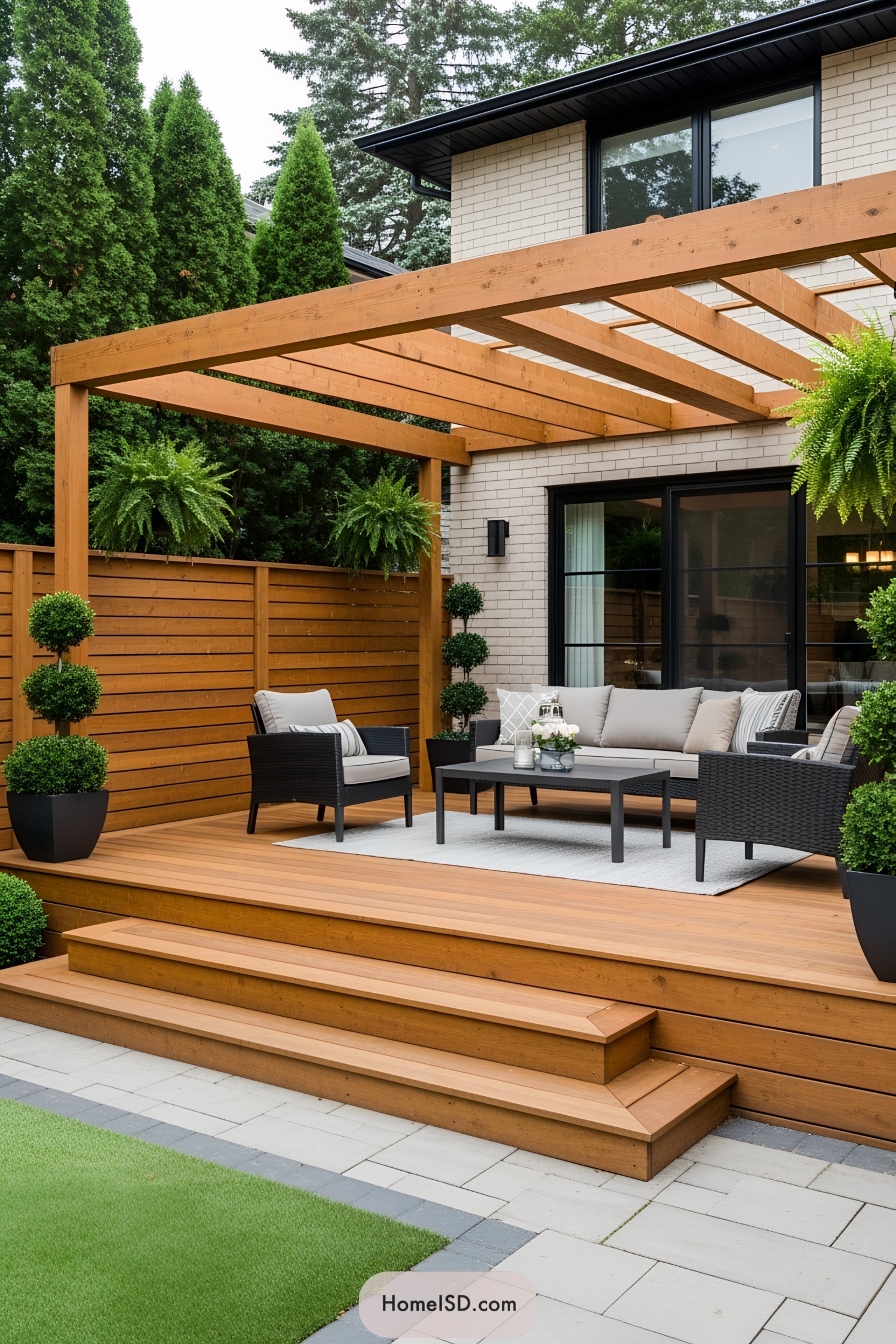 Cozy outdoor seating under modern pergola