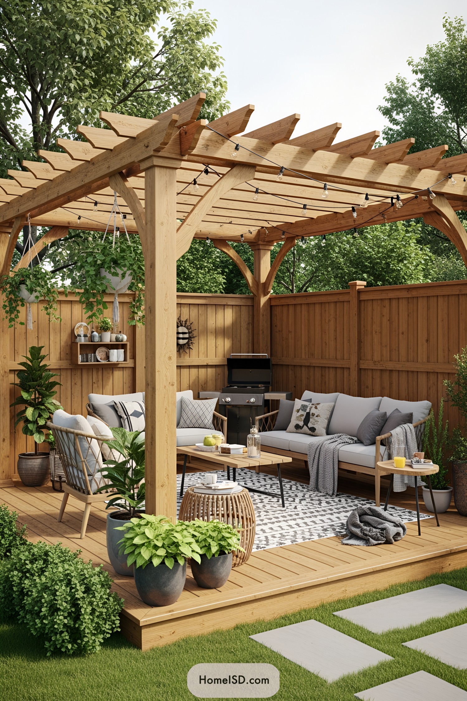 Wooden patio with pergola and seating