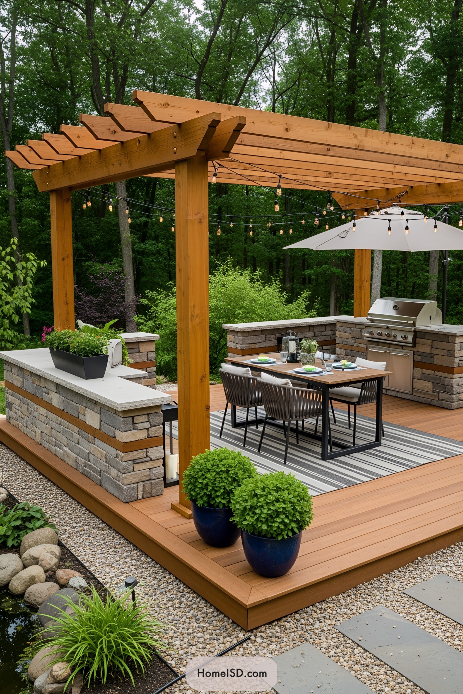 Outdoor dining area with pergola and string lights