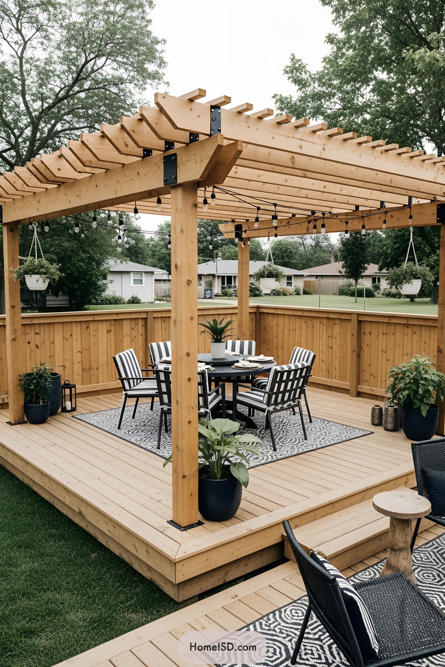 Deck with pergola in a contemporary style, featuring natural wood construction with exposed beams and metal brackets. Neutral and earthy color theme with light wood and black accents. Rectangular raised deck with open slat pergola roof, surrounded by a wooden privacy fence. Floor made of wide wooden planks with a decorative outdoor rug. Furnishings include a dining set with striped cushioned chairs, black wicker lounge chairs, and a round dining table. Accessories include hanging planters, overhead string lights, and potted greenery for a lush atmosphere. The setting overlooks a grassy backyard with mature trees and suburban scenery beyond the fence.