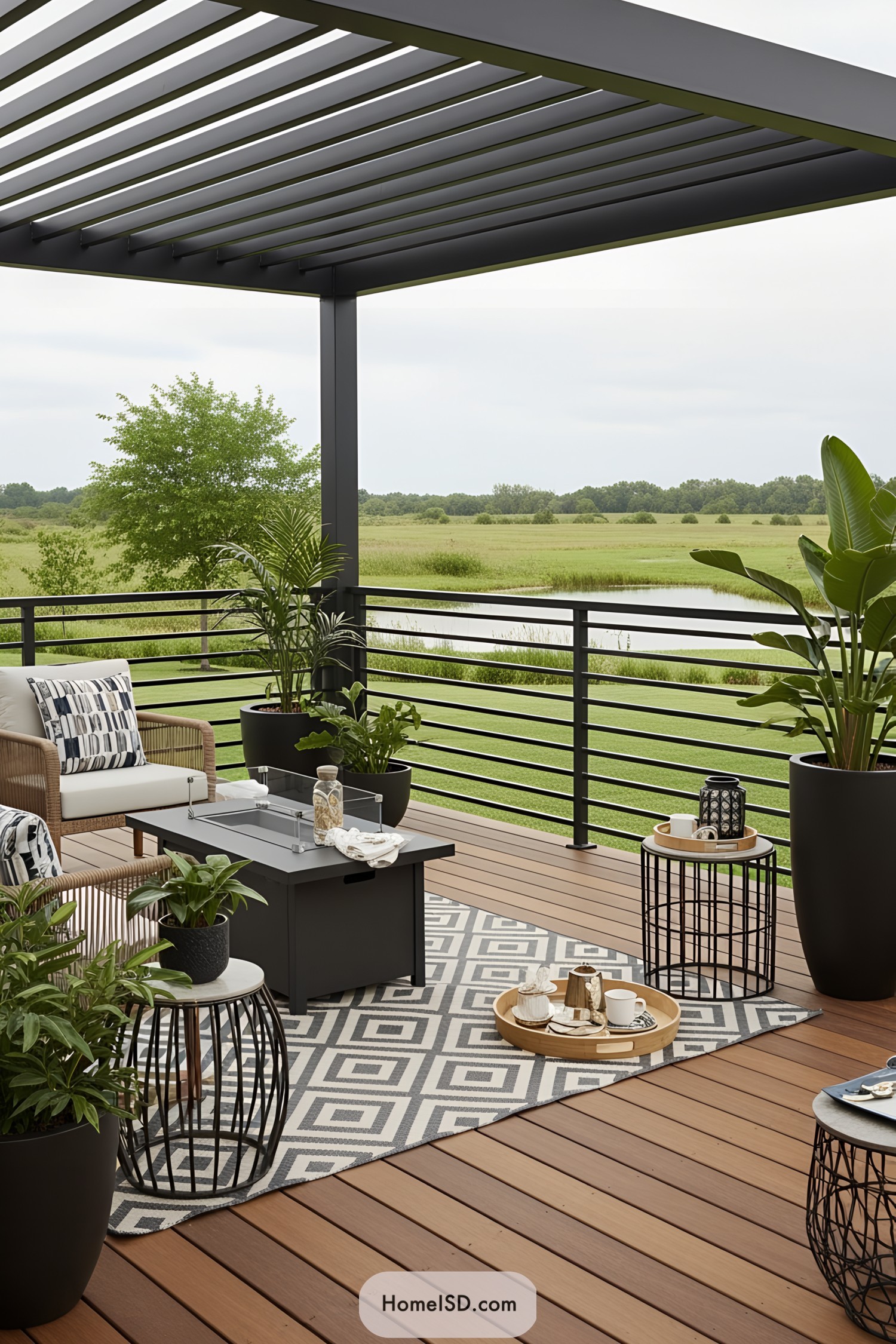 Modern outdoor deck with pergola and greenery