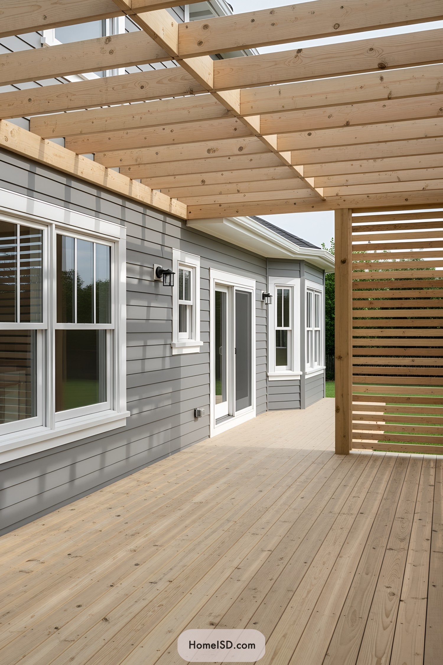 Wooden deck with pergola and modern windows