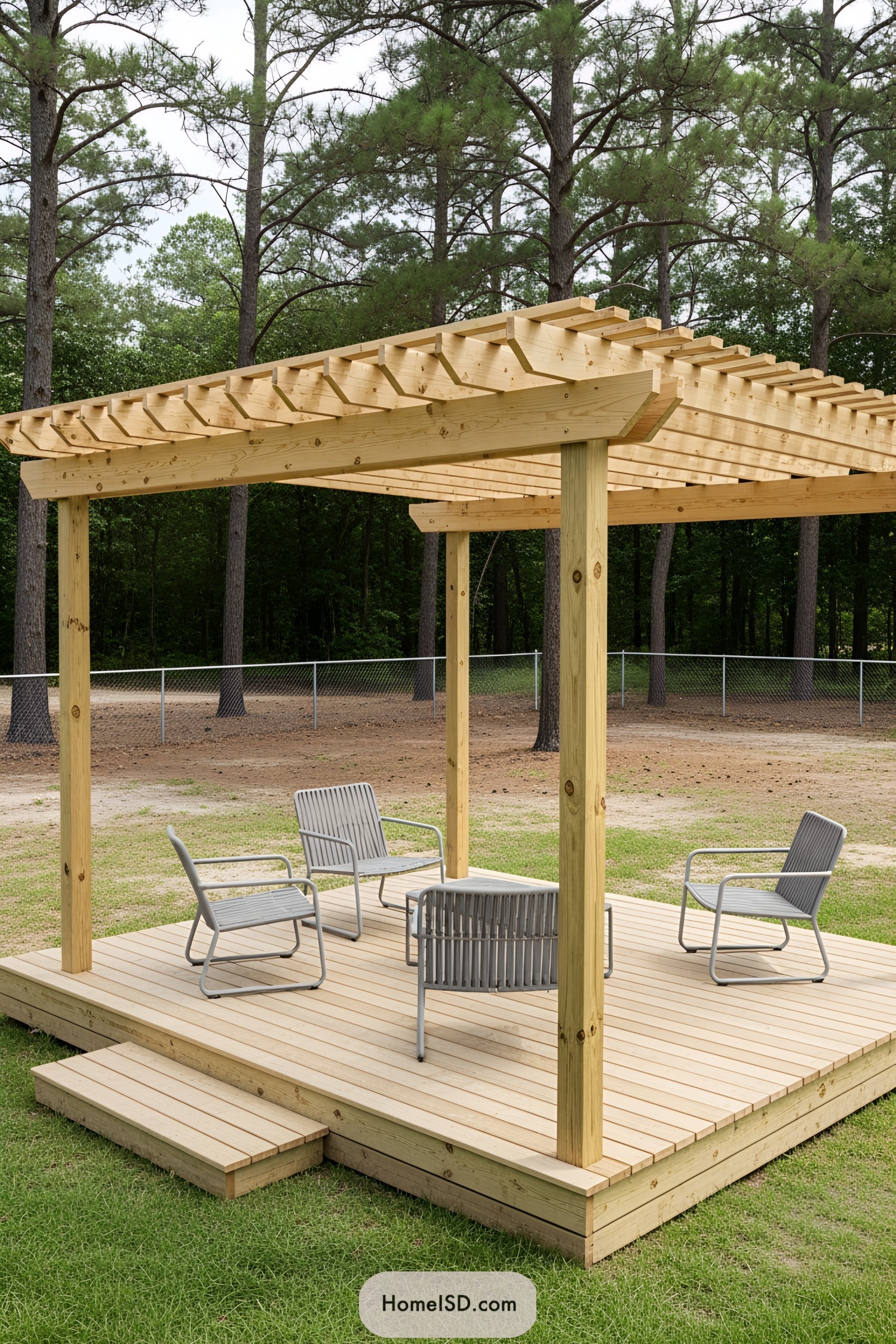 Wooden deck with pergola and outdoor seating