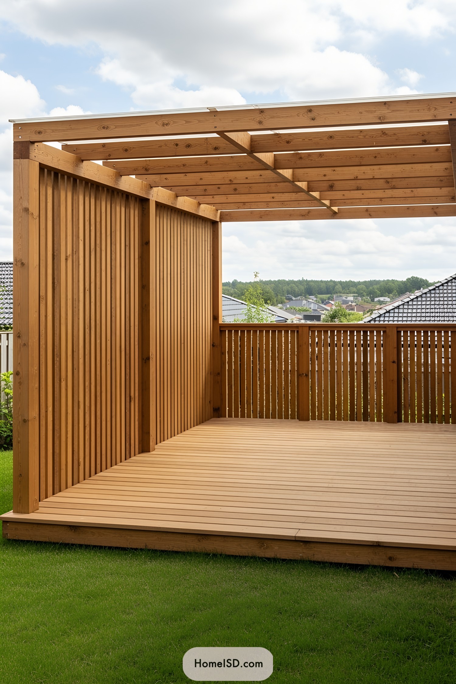 Spacious wooden deck with a pergola