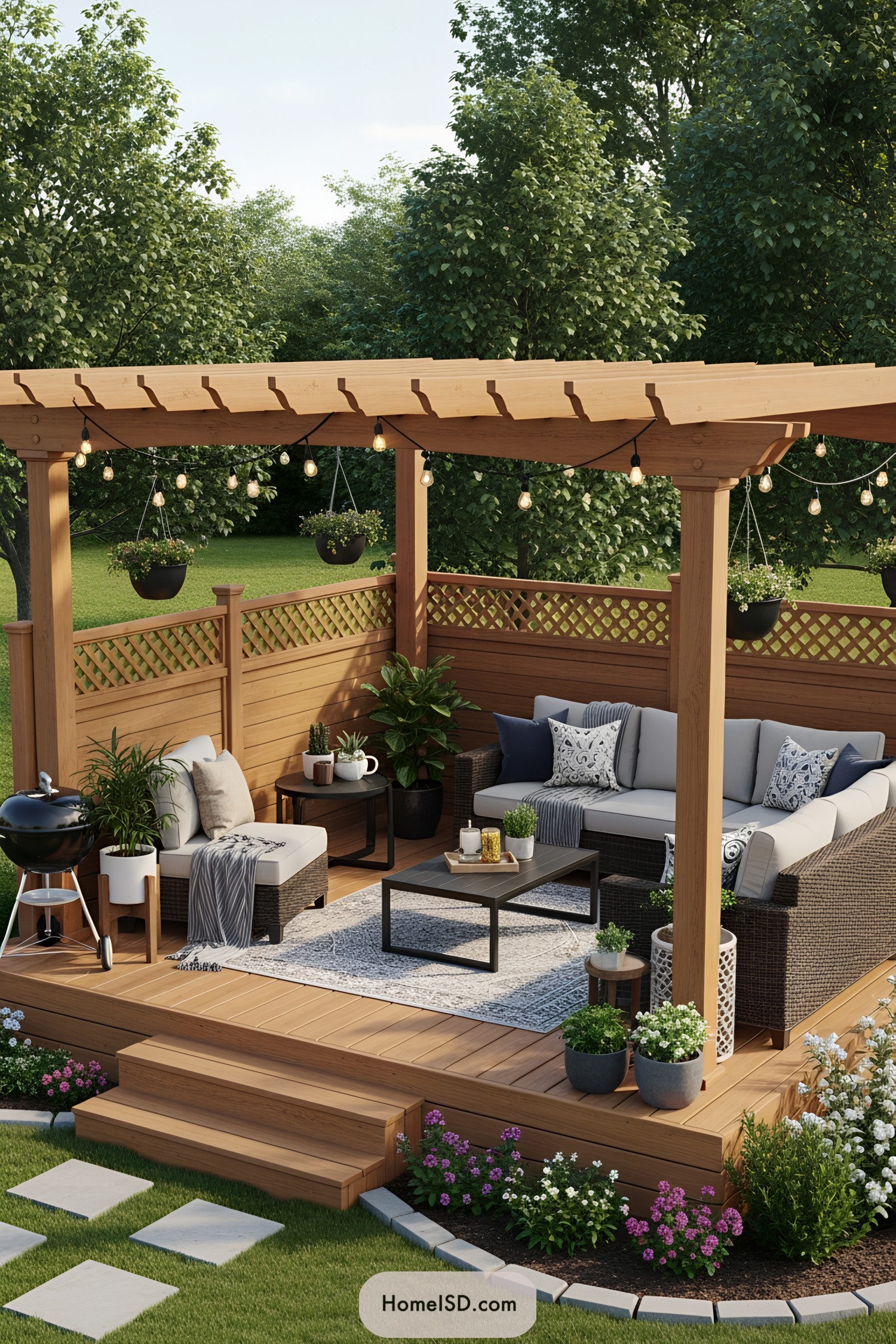 Charming backyard deck with a pergola and cozy seating