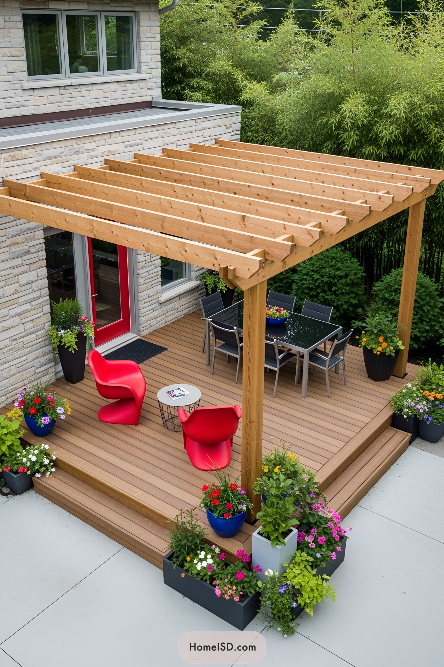 Deck with pergola and vibrant seating area