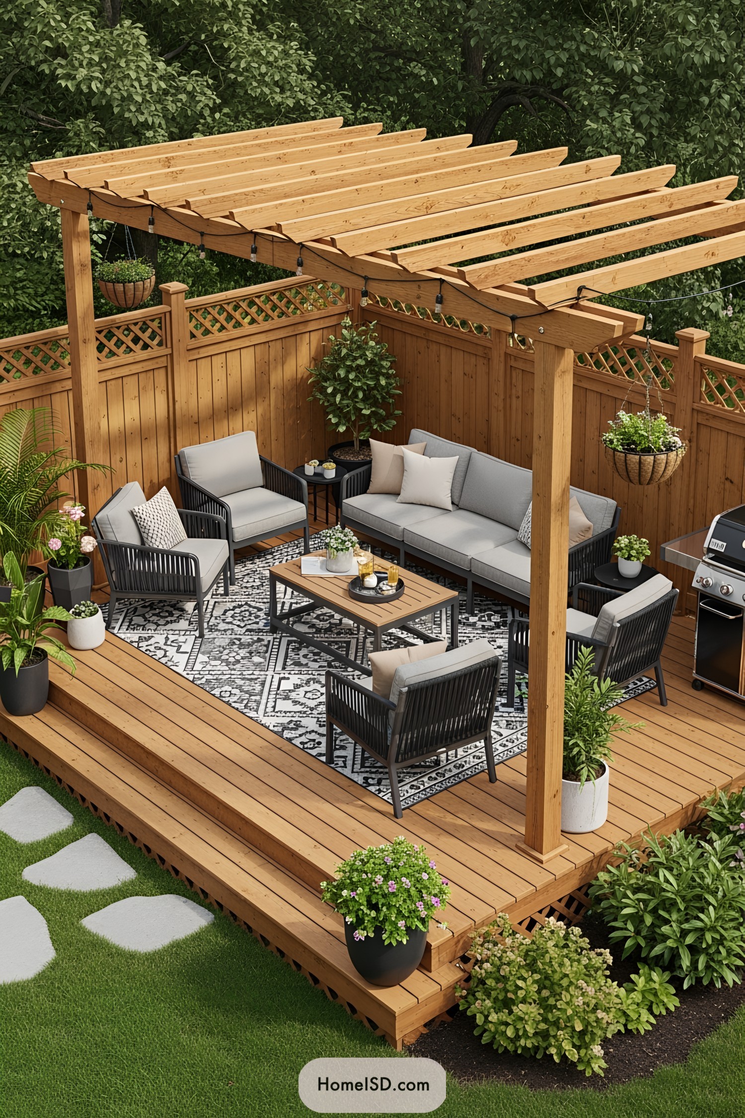 Outdoor deck with wooden pergola and seating area