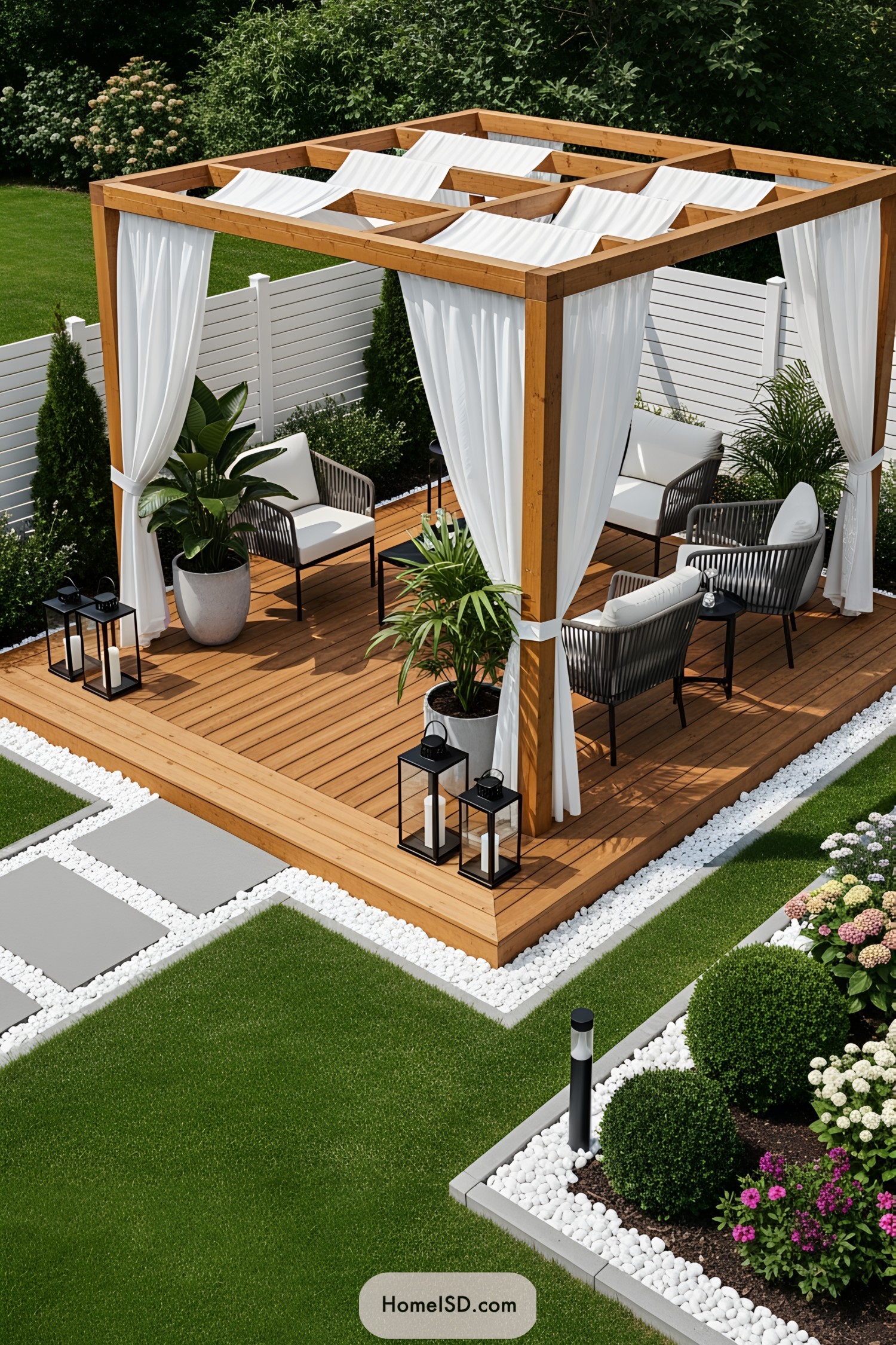 Charming deck with a pergola and white curtains