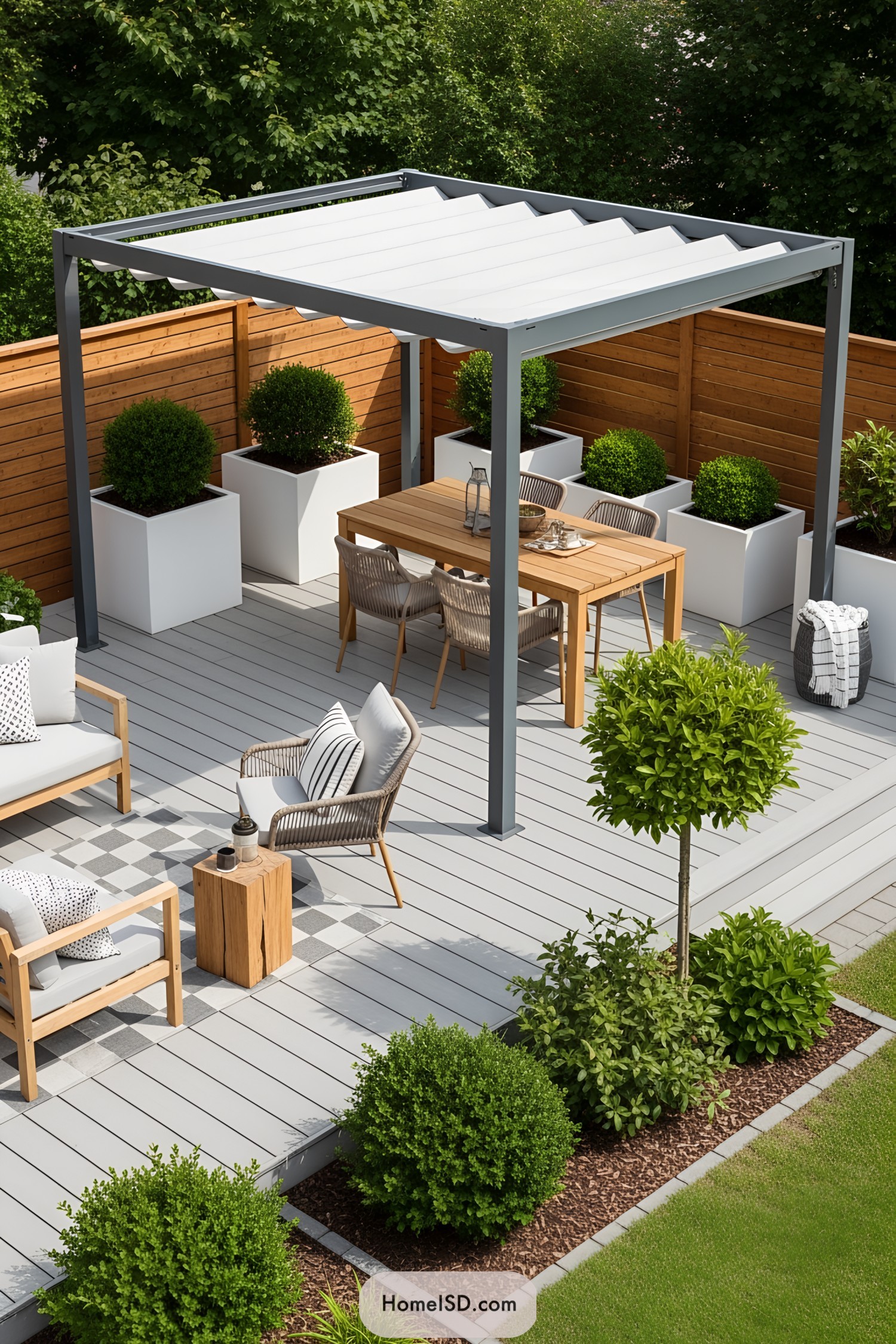 Modern deck with a stylish pergola and seating