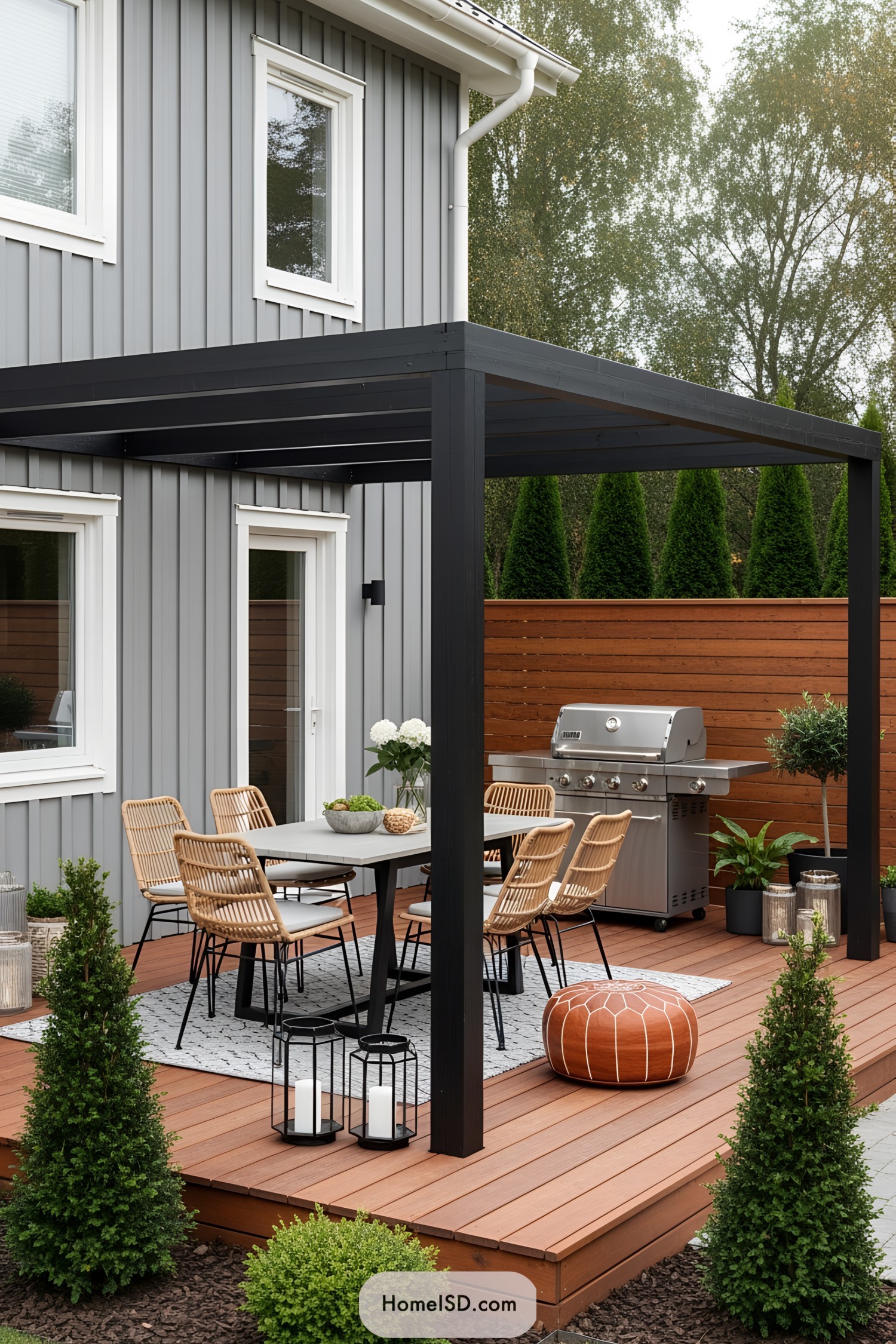 Modern outdoor dining area with pergola