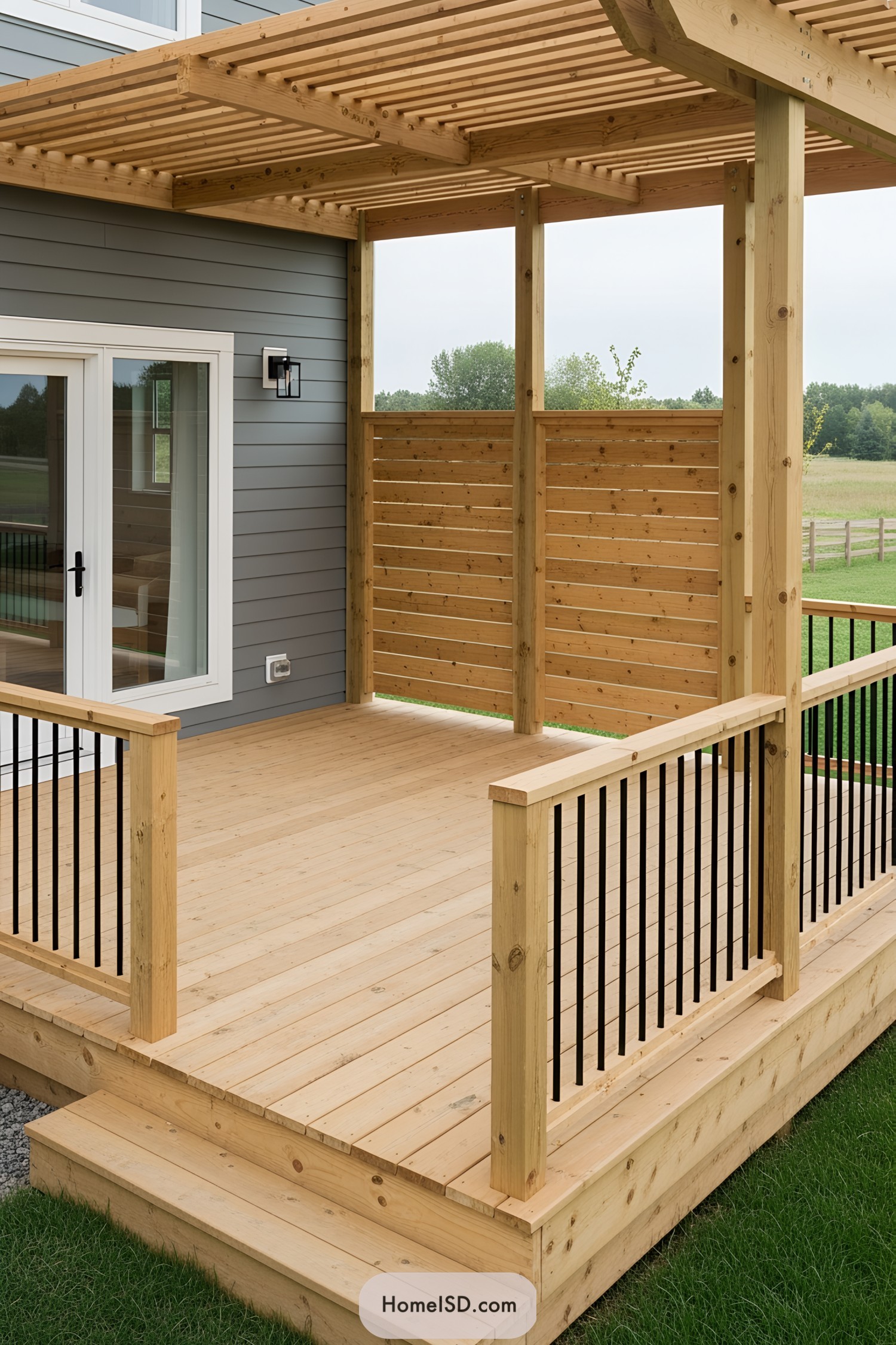 Wooden deck with pergola and railing