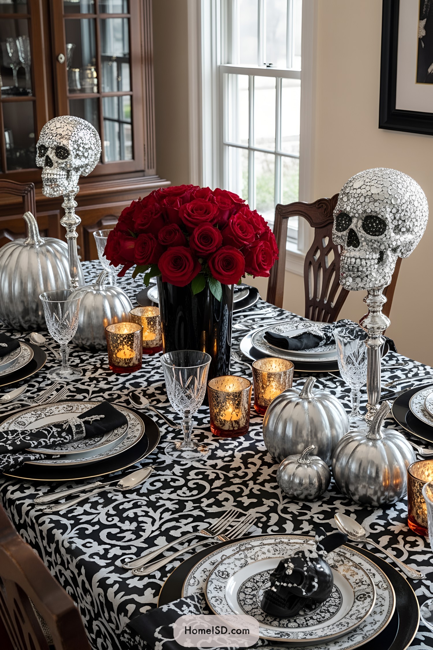 Elegant Halloween table setting with red roses, silver pumpkins, and crystal skulls
