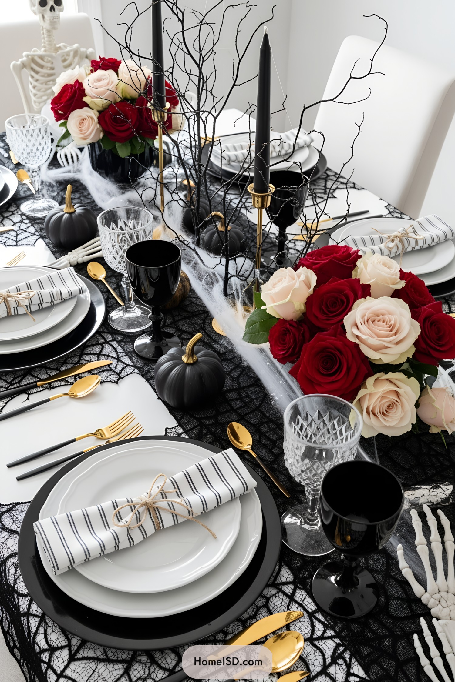 Dining room, modern gothic aesthetic. Black and white color theme with gold accents. Rectangular table set with black spiderweb tablecloth, white plates, striped napkins tied with twine, and black goblets. Decor includes miniature black pumpkins with gold stems, crystal glassware, gold and black cutlery, faux skeletons, and skeletal hand accents. Centerpiece features rose arrangements in deep red and pale blush, surrounded by faux cobwebs and black branches. Dramatic, festive, and elegant Halloween atmosphere; minimal natural elements aside from cut flowers.