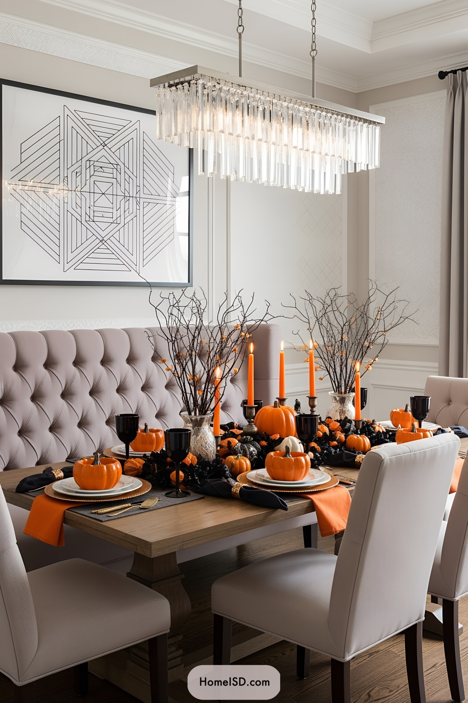 Elegant Halloween tablescape with pumpkins and candles
