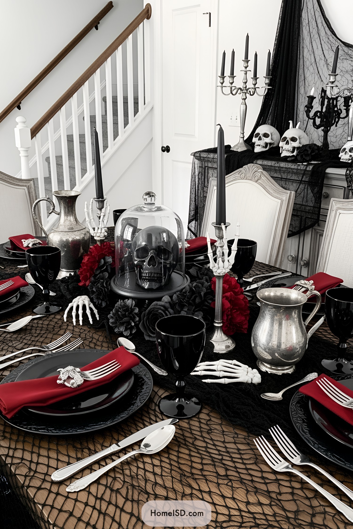 Elegant Halloween table setting with skulls and red accents