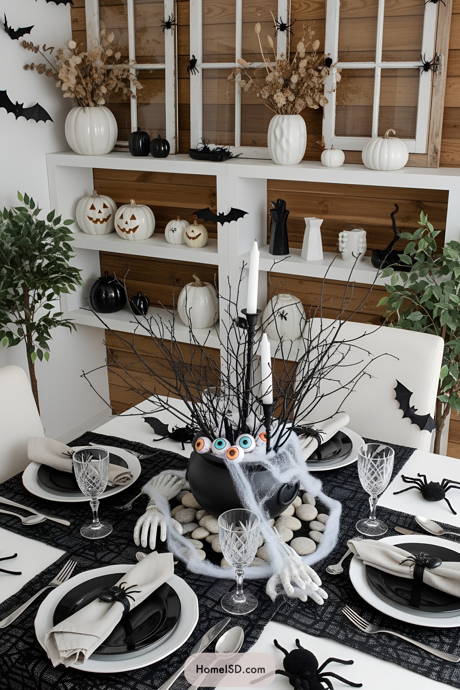 Halloween-themed table with spooky decorations