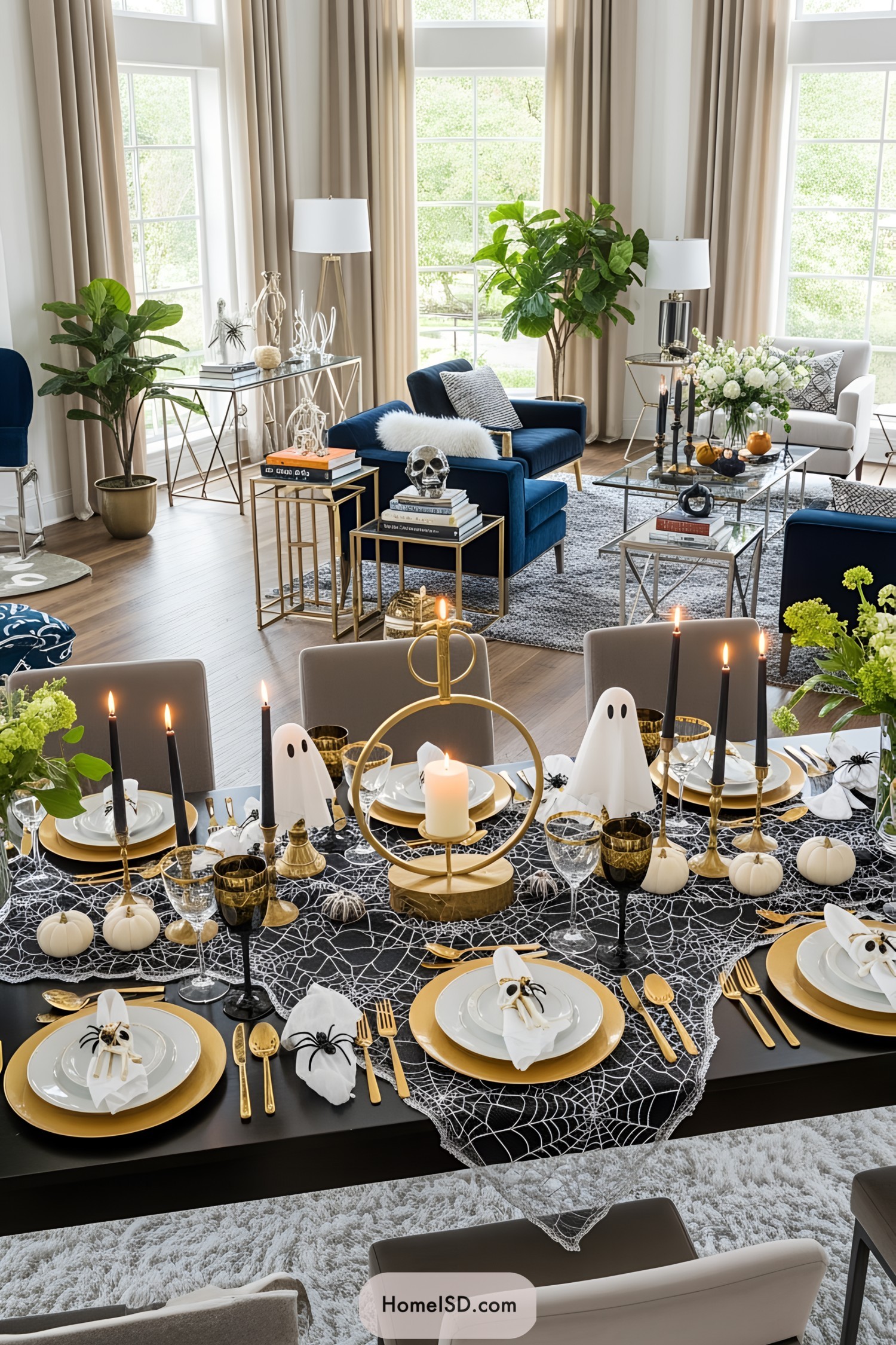 Halloween table with ghost and spider decor in a stylish living room