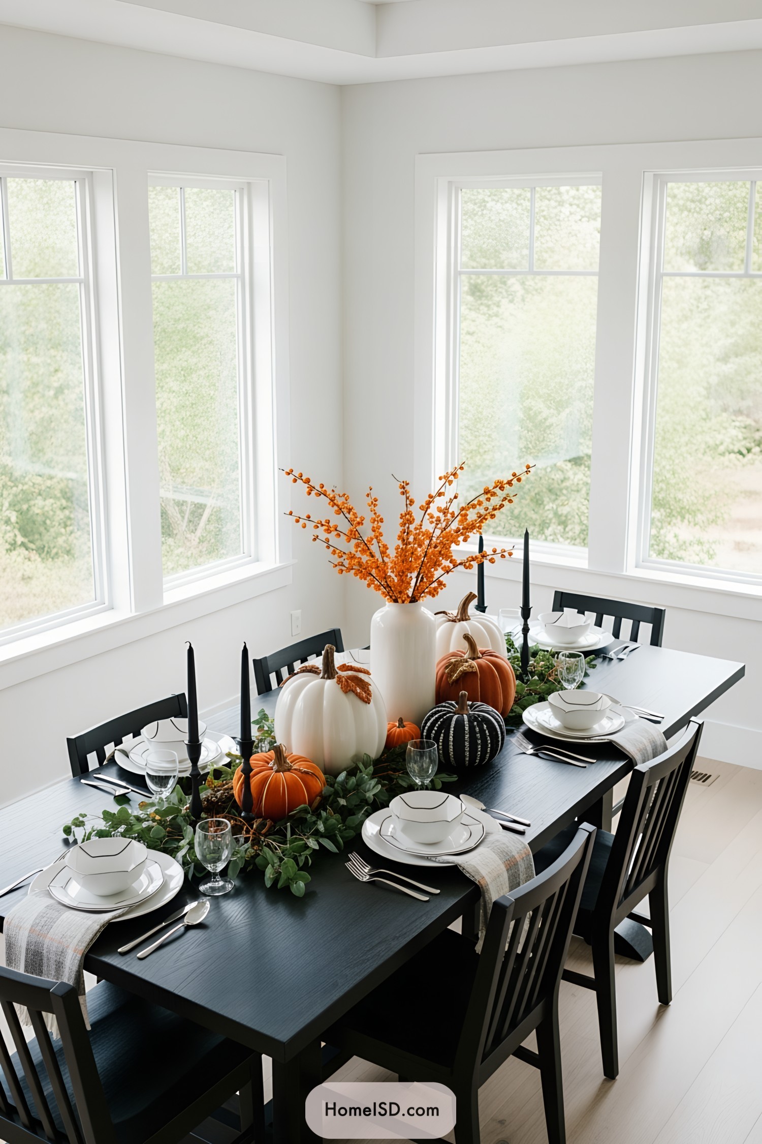 Pumpkins and foliage on a dining table