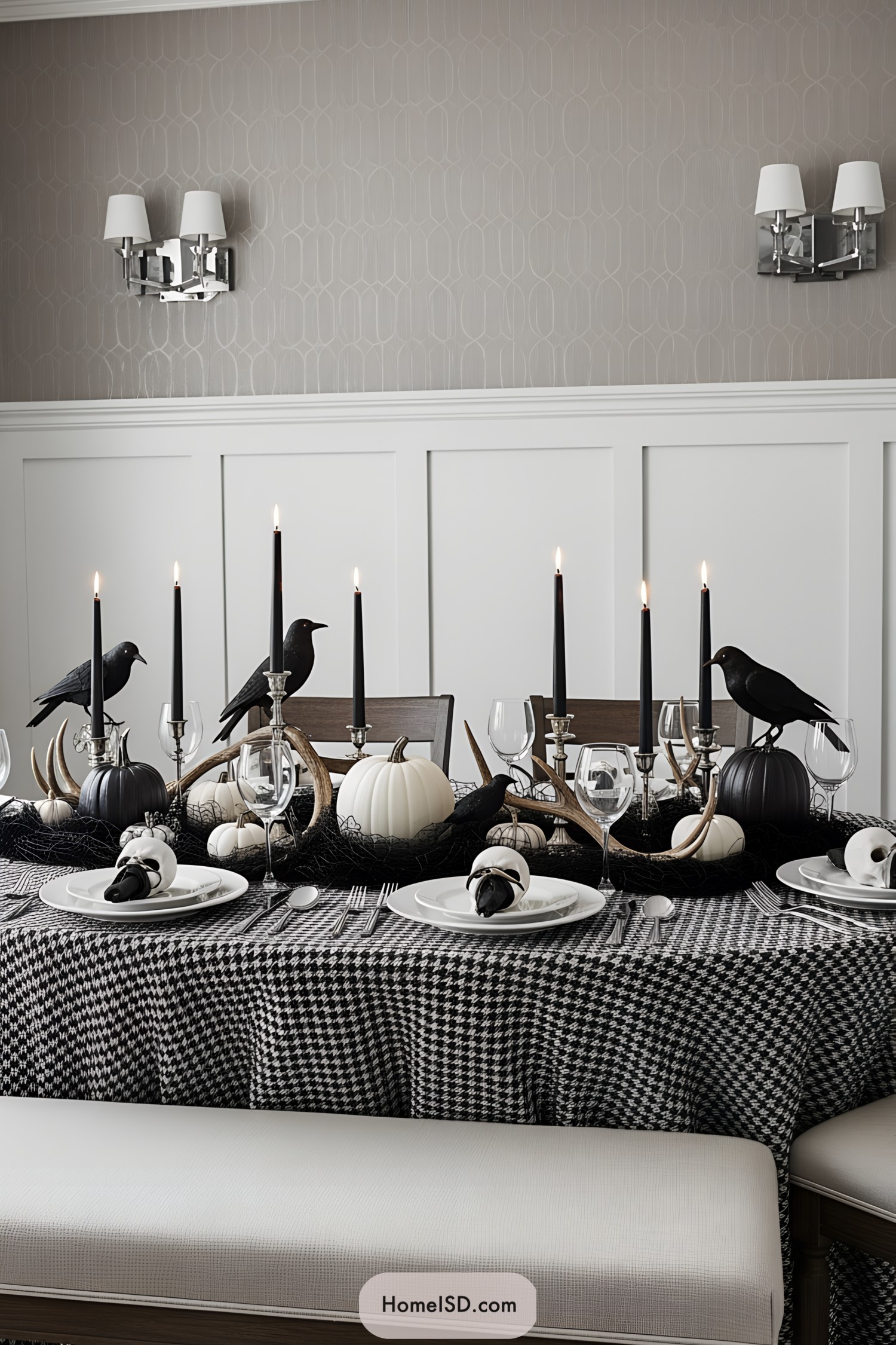Table with black candles, crows, and monochrome pumpkins