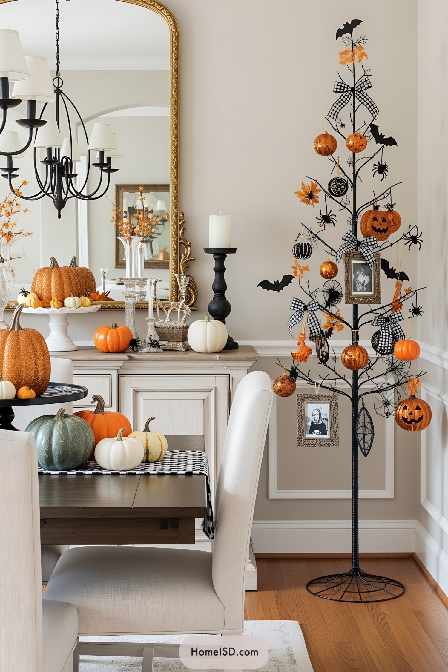 Halloween-themed dining room with decorated tree and pumpkins