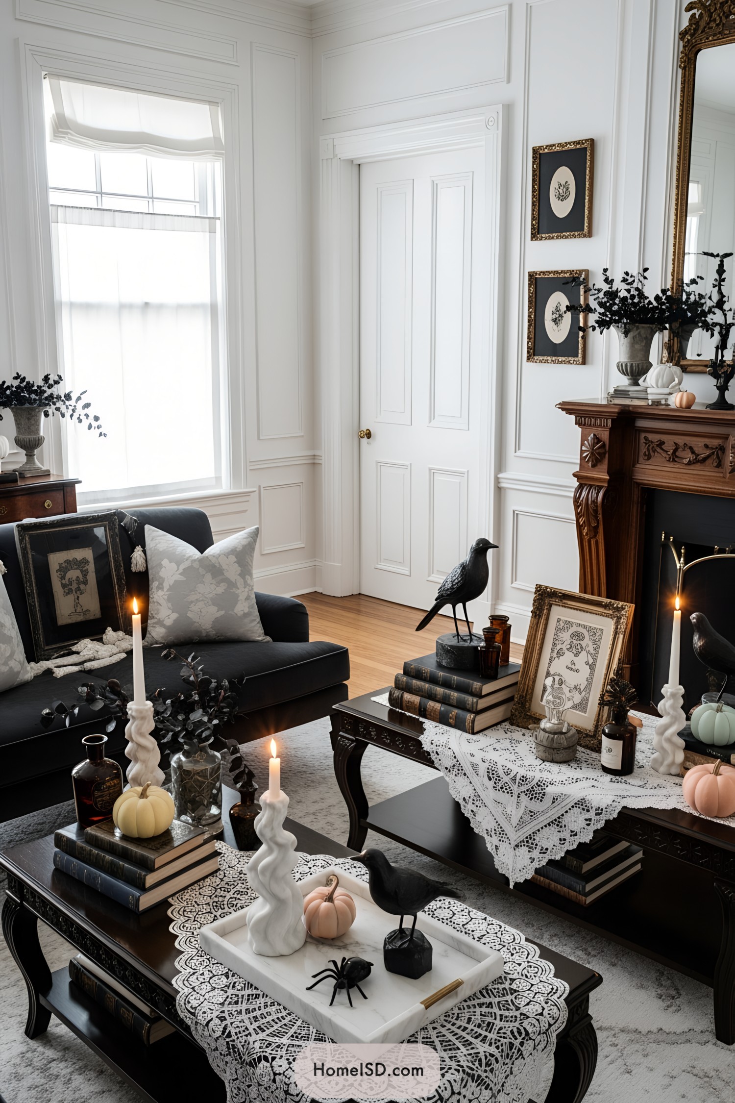 Sophisticated Halloween-themed living room with ravens and white lace