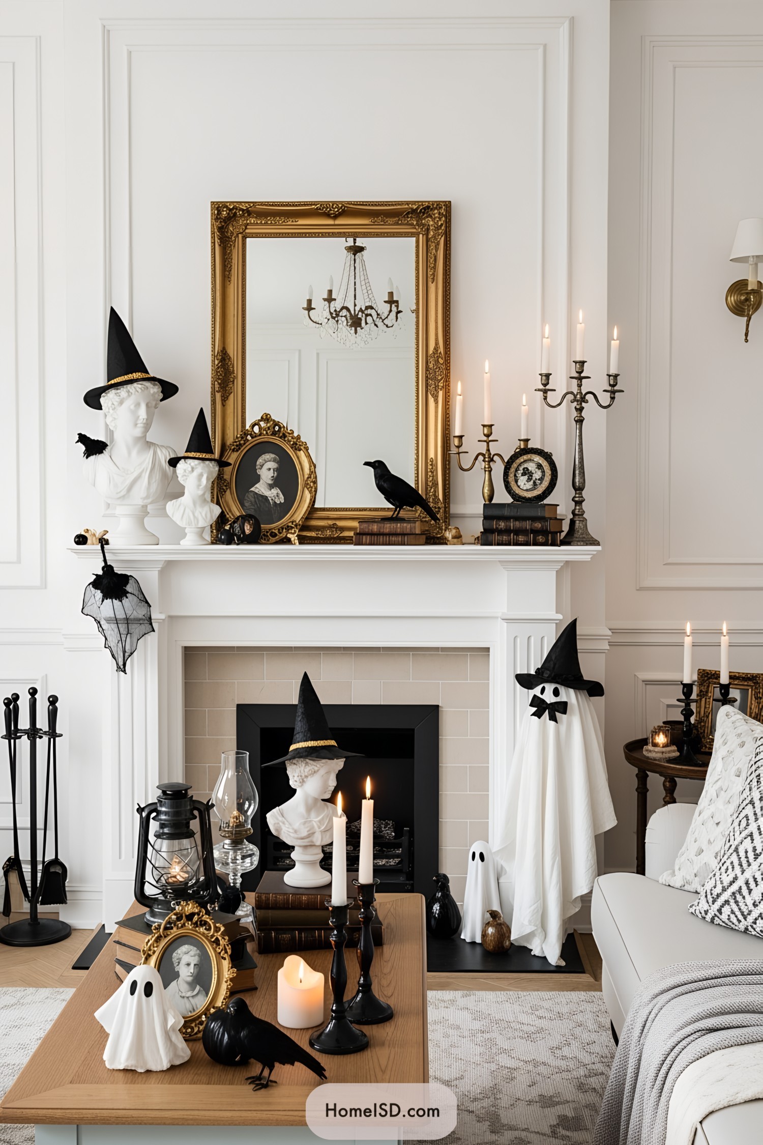 Elegant Halloween-themed fireplace with witch hats and ravens