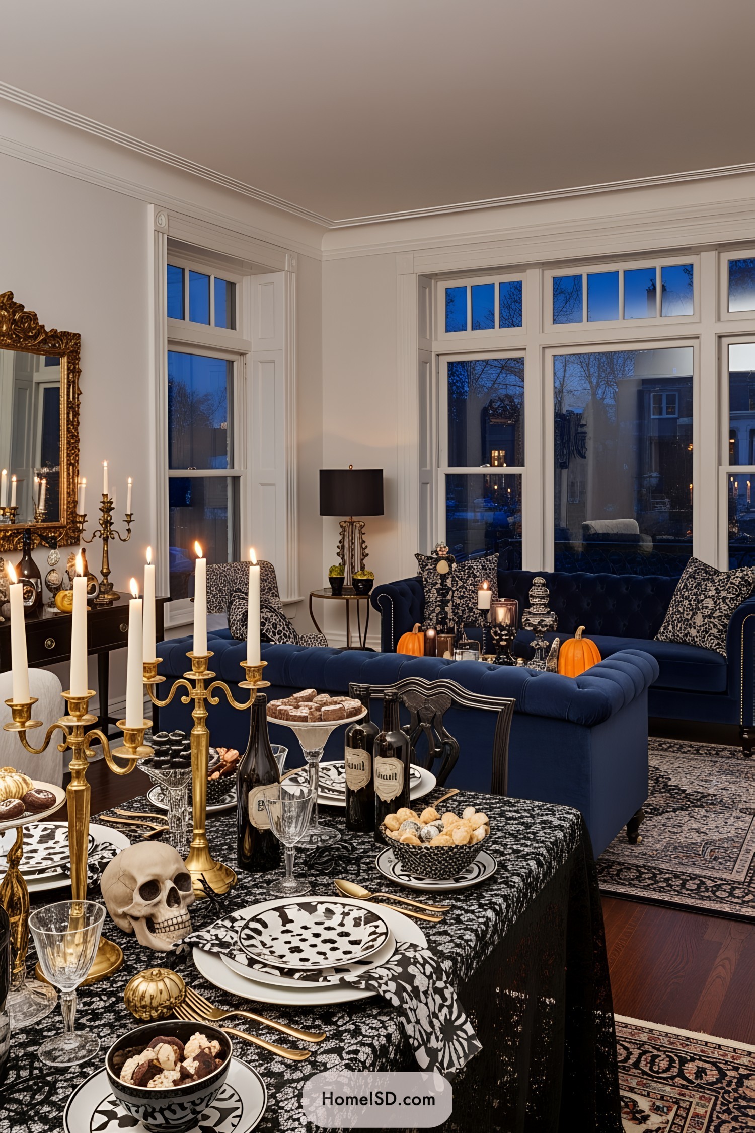 Sophisticated Halloween table setting with candles, skulls, and pumpkins