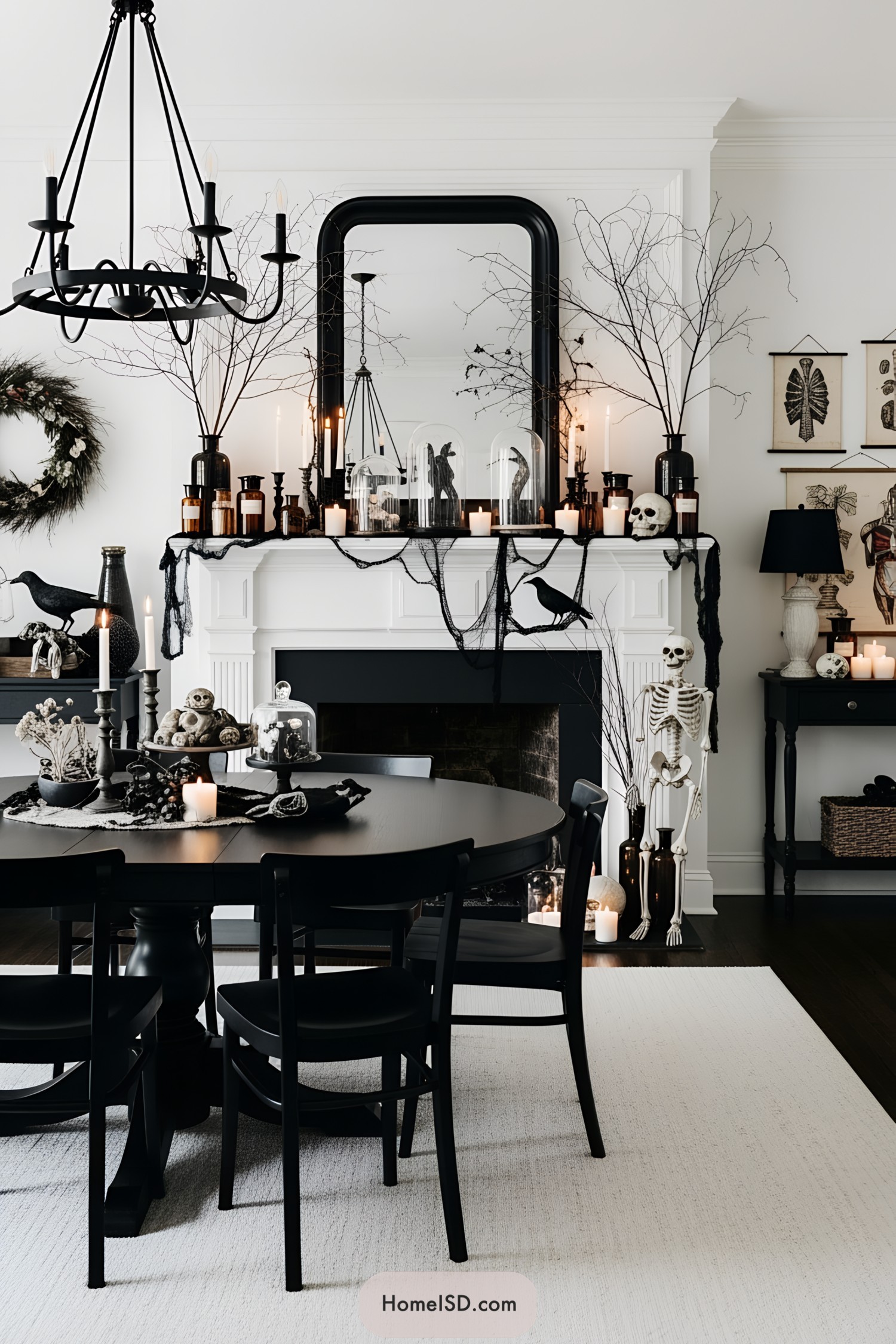 Chic Halloween dining room with black and white decor