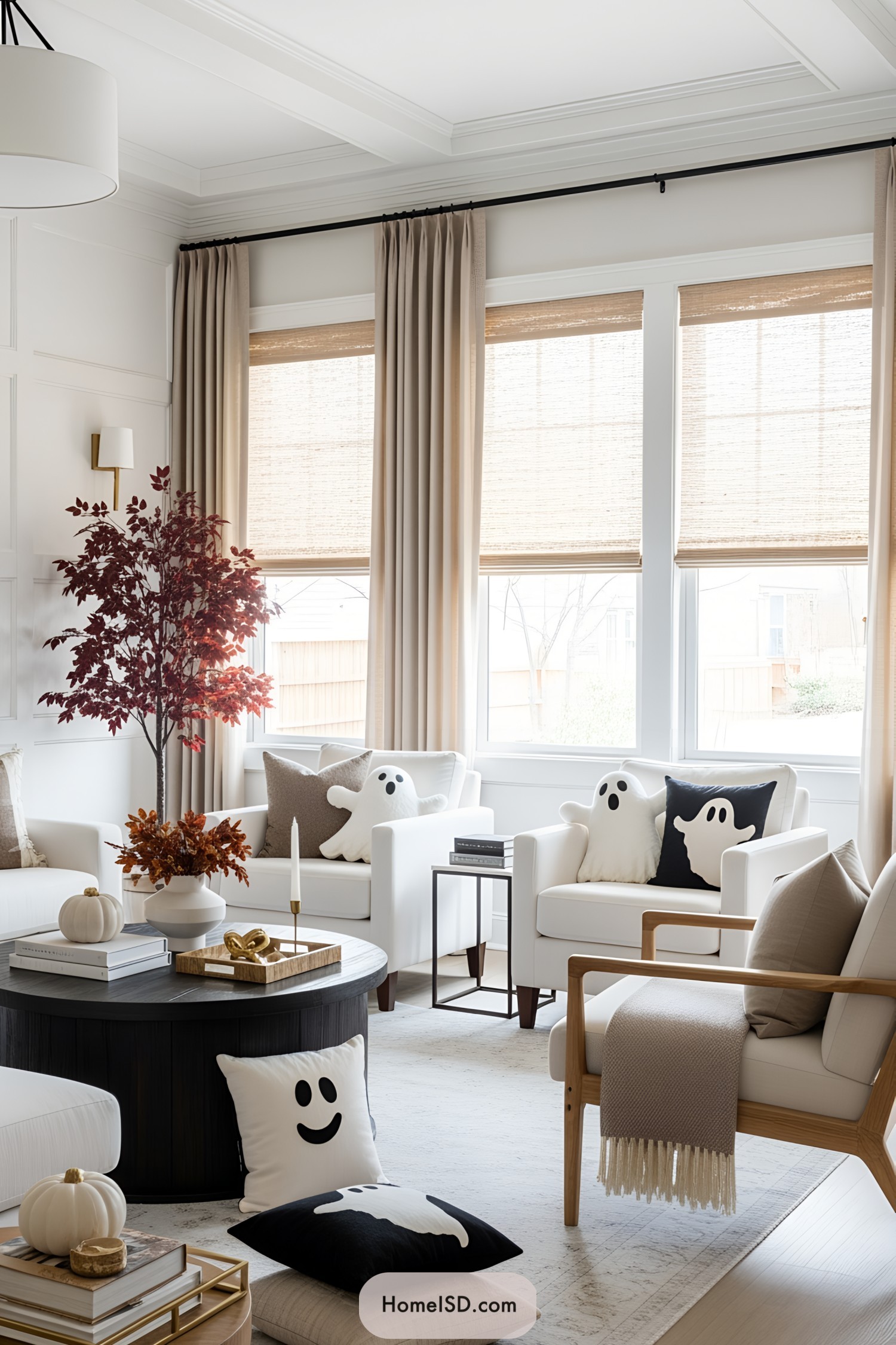 Minimalist Halloween-themed living room with ghost cushions