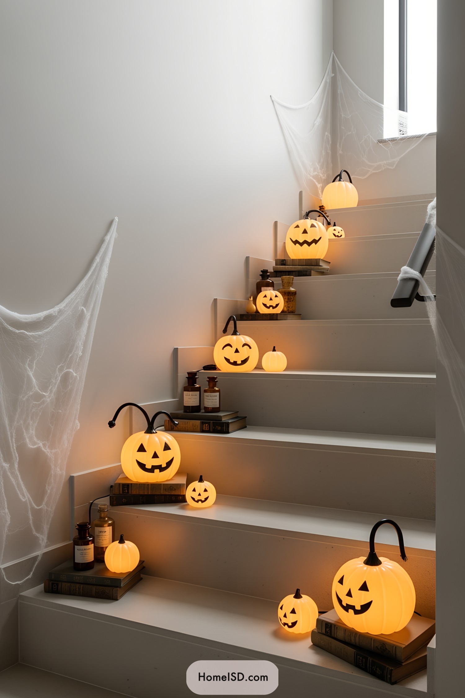 Illuminated jack-o'-lanterns lining a staircase with cobwebs